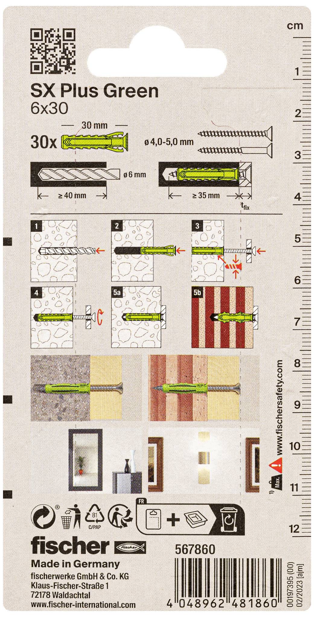Installationsanleitung für SX Plus Green 6x30: 1. Bohren. 2. Dübel einsetzen. 3. Schrauben. Geeignet für verschiedene Wandtypen. Made in Germany.