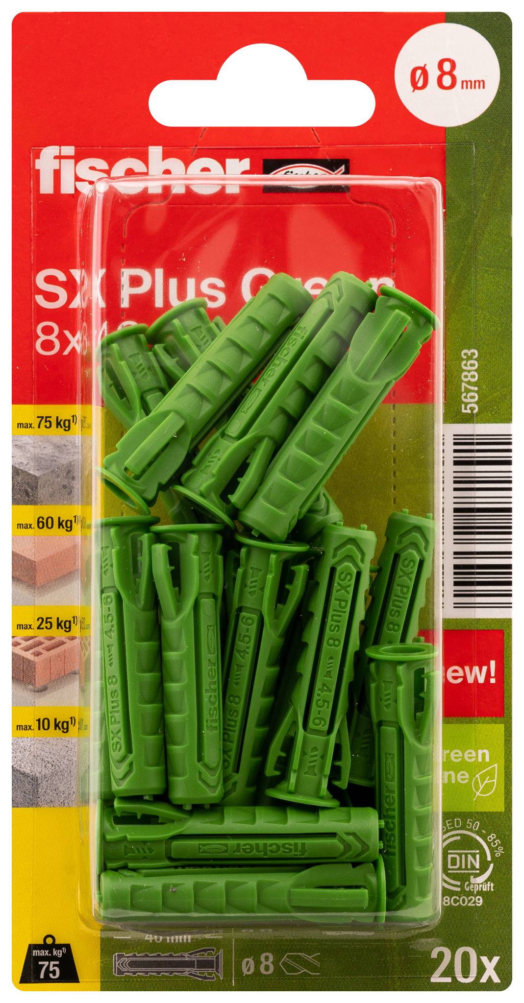 Packung mit 20 grünen Fischer SX Plus 8 mm Dübeln in Blisterverpackung für Befestigungen in Mauerwerk und Gipskartonwänden.