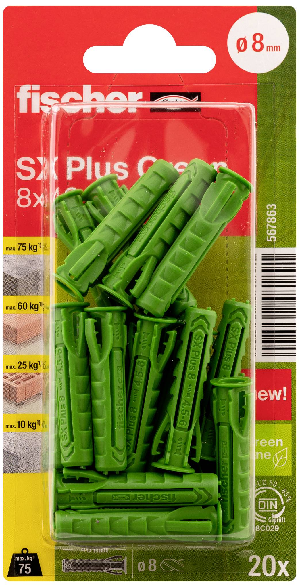 Kunststoffdübel von Fischer, Modell SX Plus Green. 20 Stück, geeignet für Lasten bis 75 kg. Verpackung zeigt grüne Dübel und Anwendungssymbole.