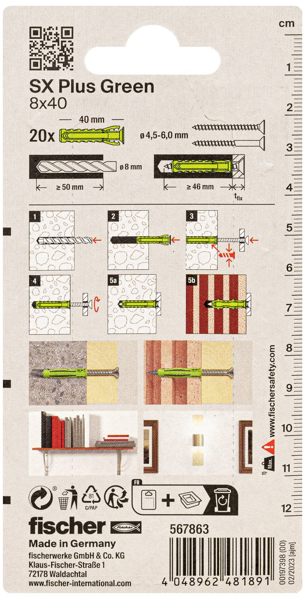 Anleitung zur Installation von Fischer SX Plus Green 8x40 Dübeln in verschiedenen Materialien, einschließlich Werkzeugempfehlungen.