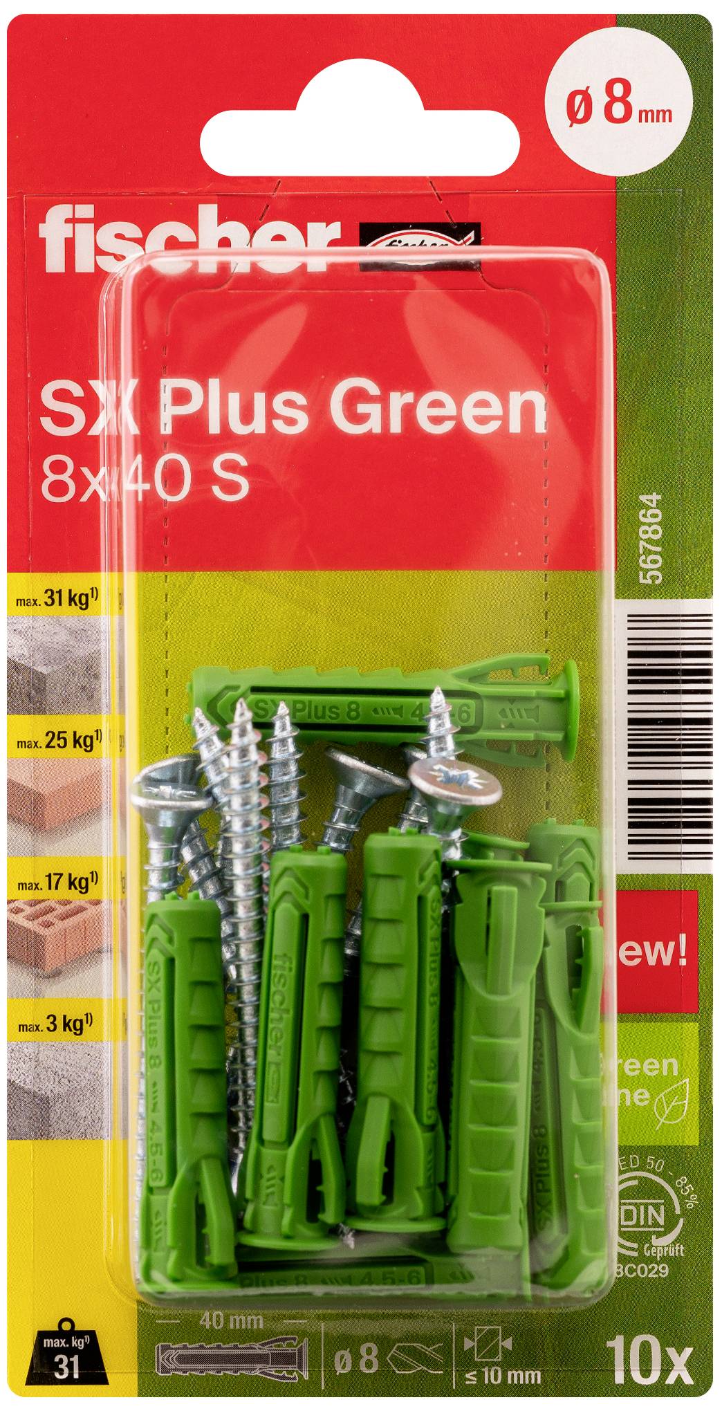 'Fischer SX Plus Green' Dübel-Set, 10 Stück, 8x40 mm, inklusive Schrauben. Verpackung zeigt Tragfähigkeit von bis zu 31 kg.