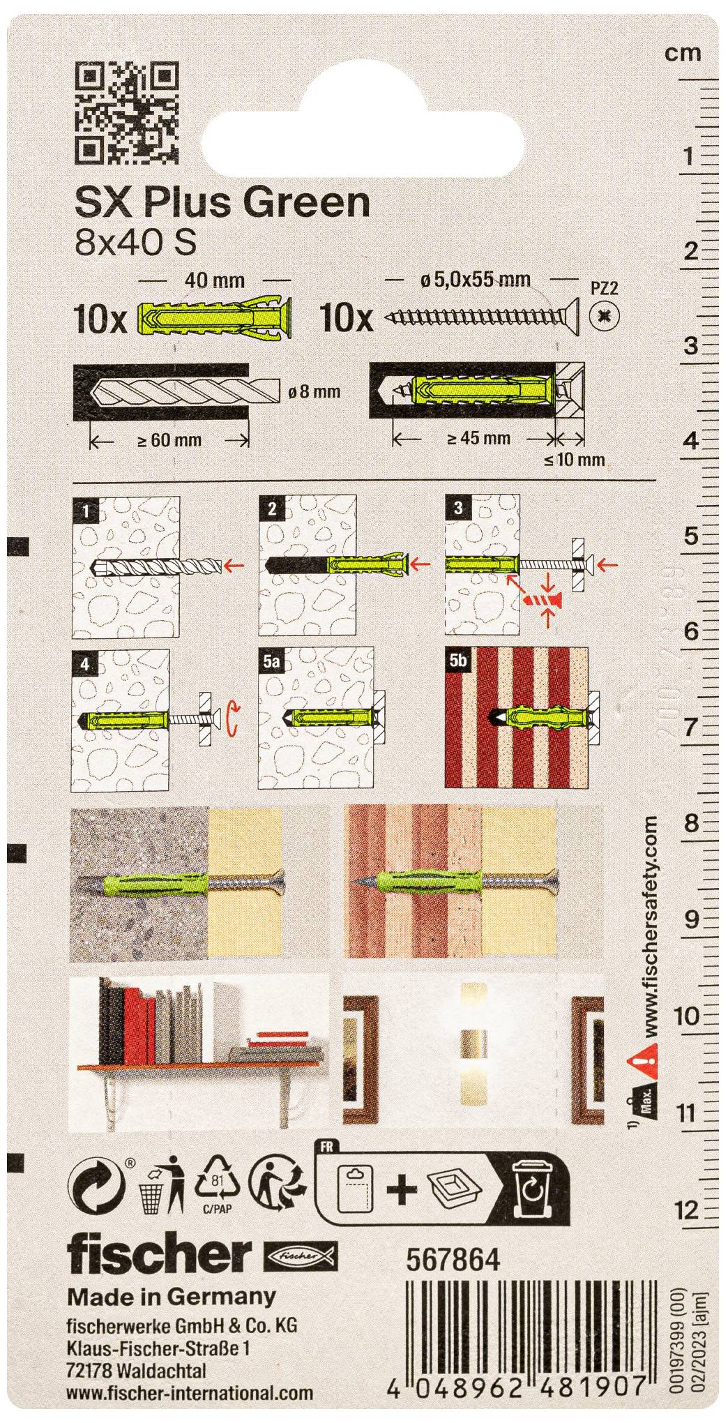 Verpackungsrückseite eines Fischer SX Plus Green Dübels in 8x40 mm Größe; Anleitungen und Illustrationen zur korrekten Verwendung enthalten.