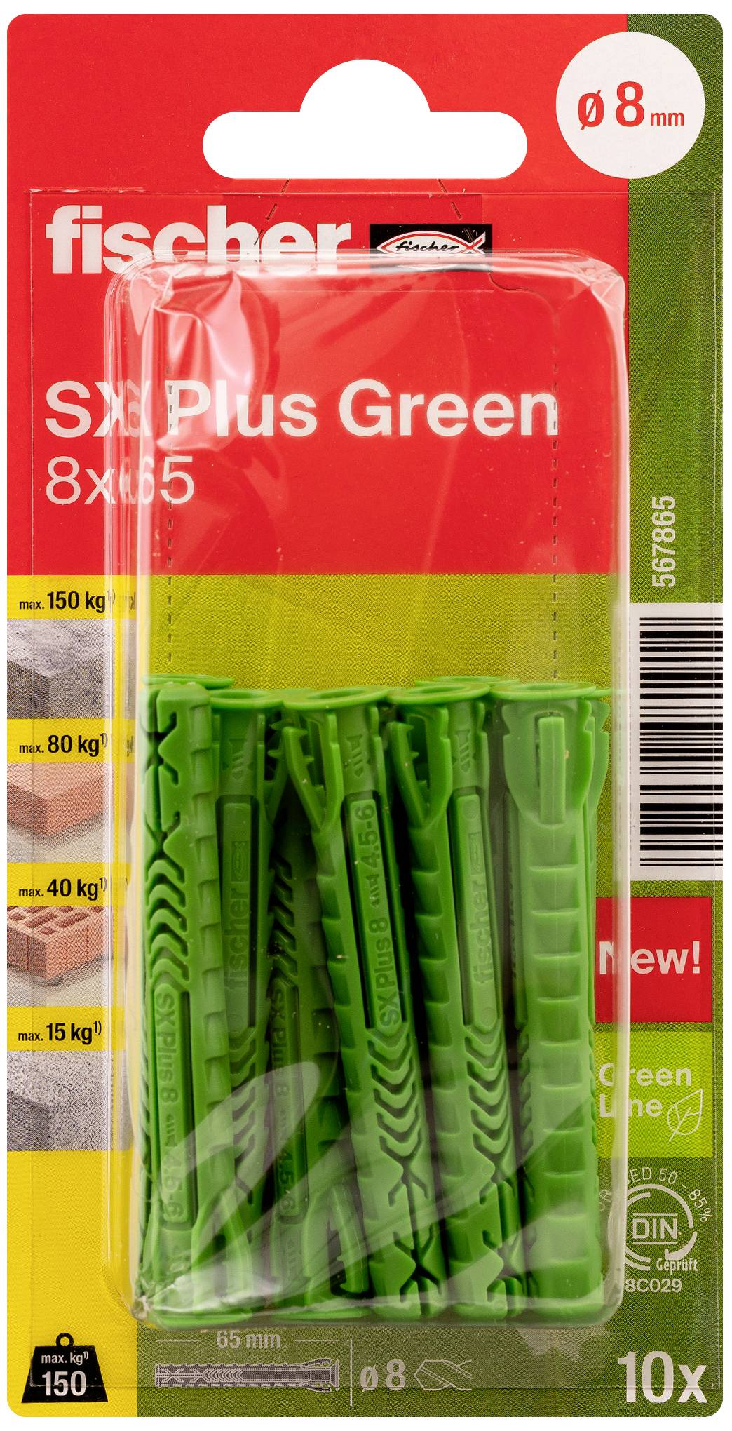 Eine Packung mit grünen Dübeln von 'fischer' für eine Belastung von bis zu 150 kg. Enthält 10 Stück mit einem Durchmesser von 8 mm.