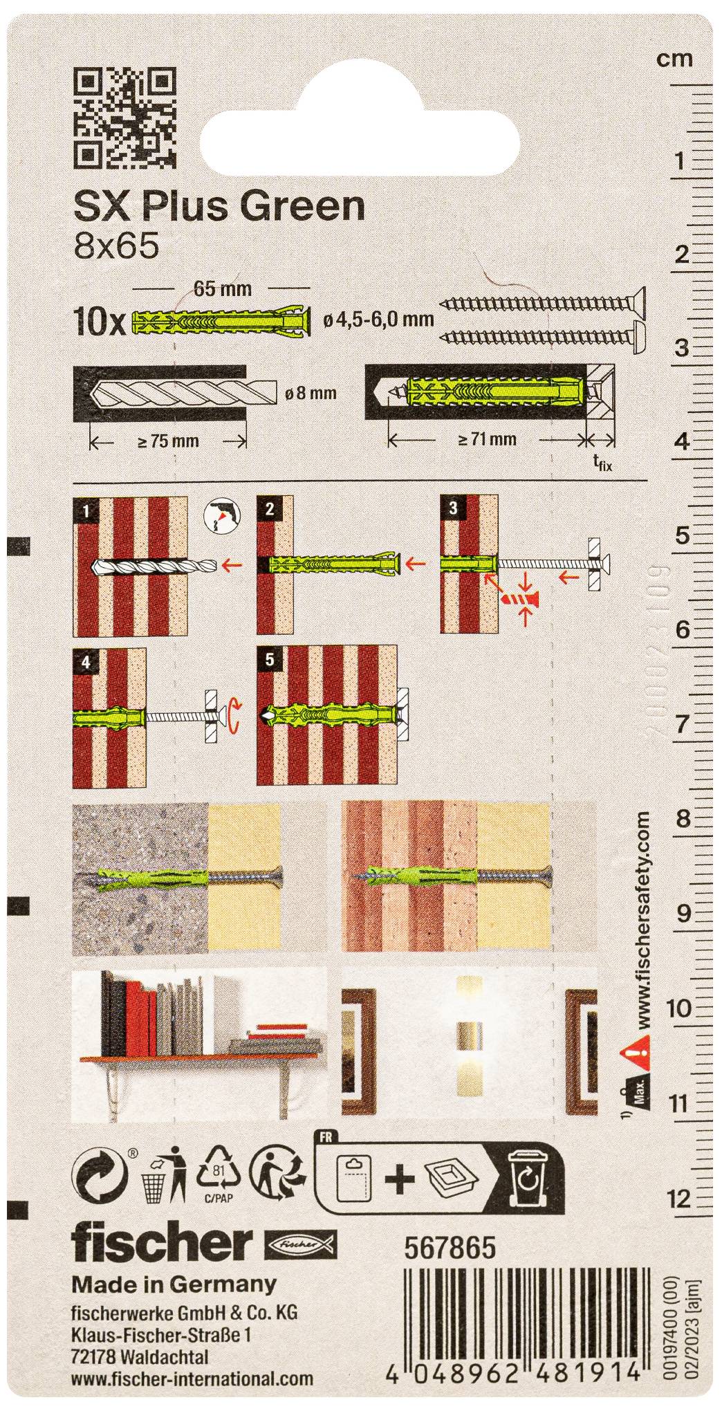 Verpackungsrückseite eines Fischer SX Plus Green 8x65 Dübels. Anleitung zur korrekten Installation mit Bildern und Maßen.
