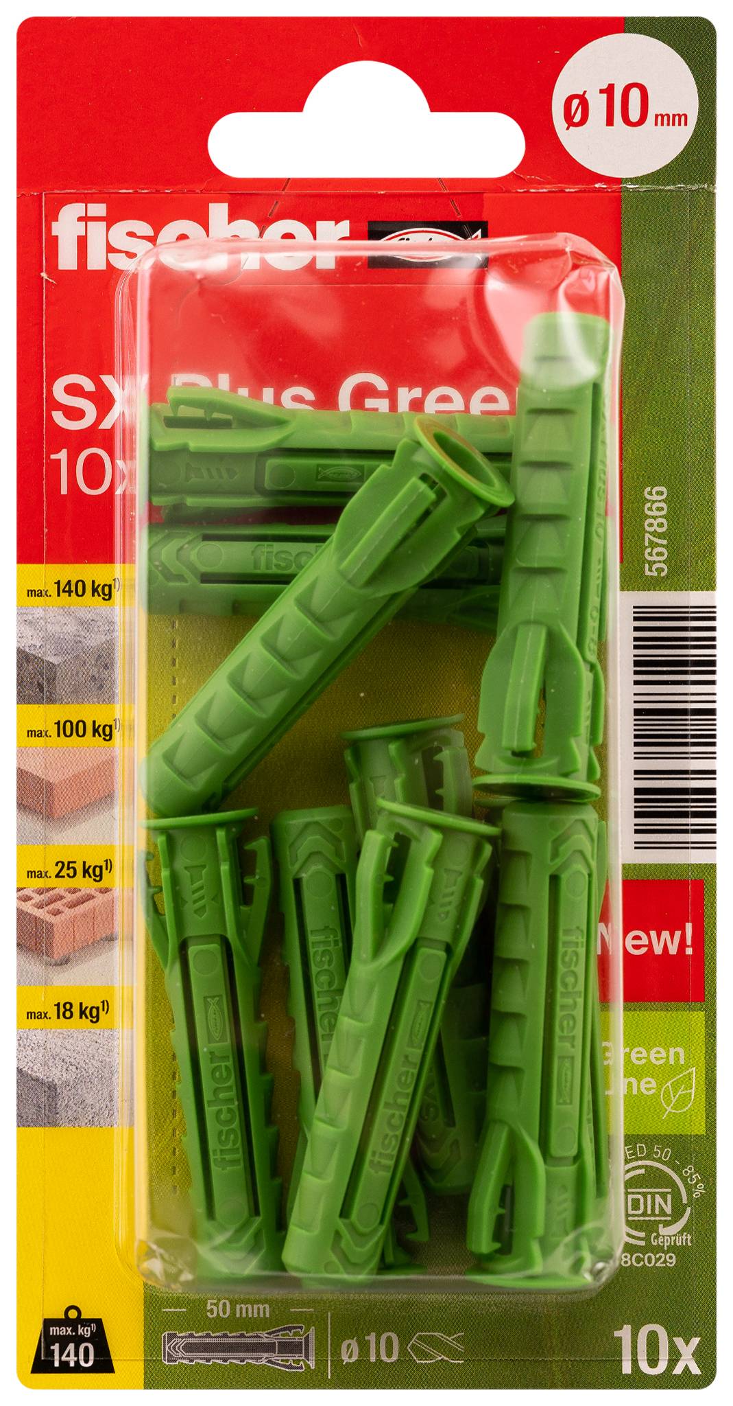 Packung grüner Fischer SX Plus Green Dübel, ø10 mm, 10 Stück, zum Befestigen in Mauerwerk, max 140 kg