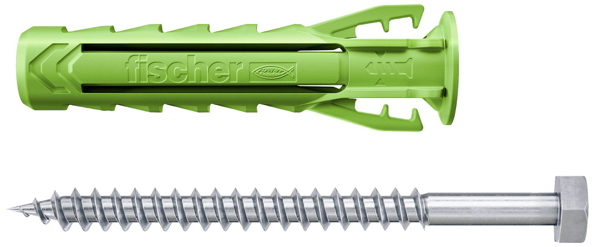 Grüner Dübel und silberne Schraube nebeneinander, mit Markierung 'fischer' auf dem Dübel.