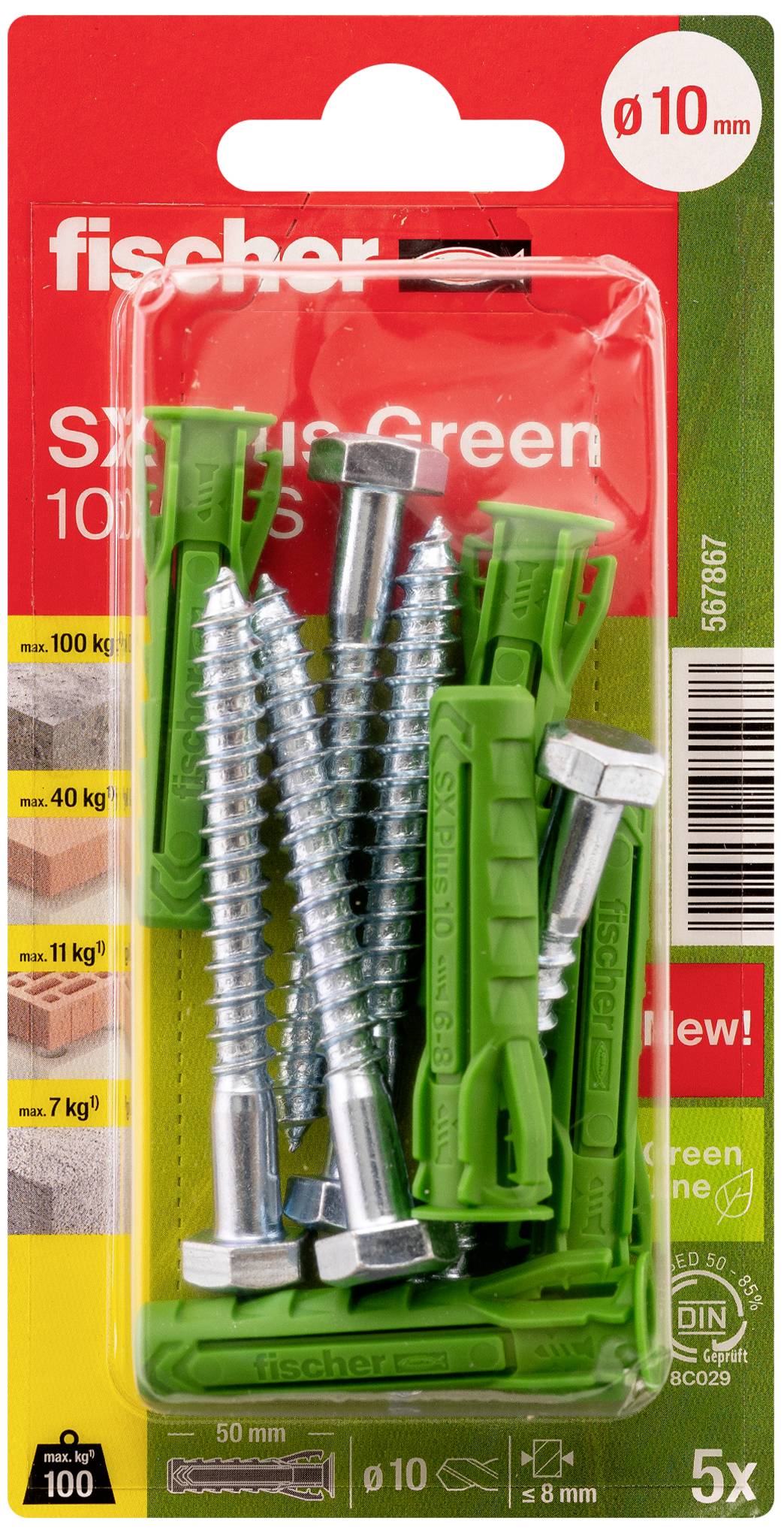 Fischer SXRL10 Schrauben- und Dübel-Set, 5 grüne Dübel, 5 Schrauben, Ø 10mm, Belastung bis 100 kg bei Beton. Geeignet für Vollbaustoffe.