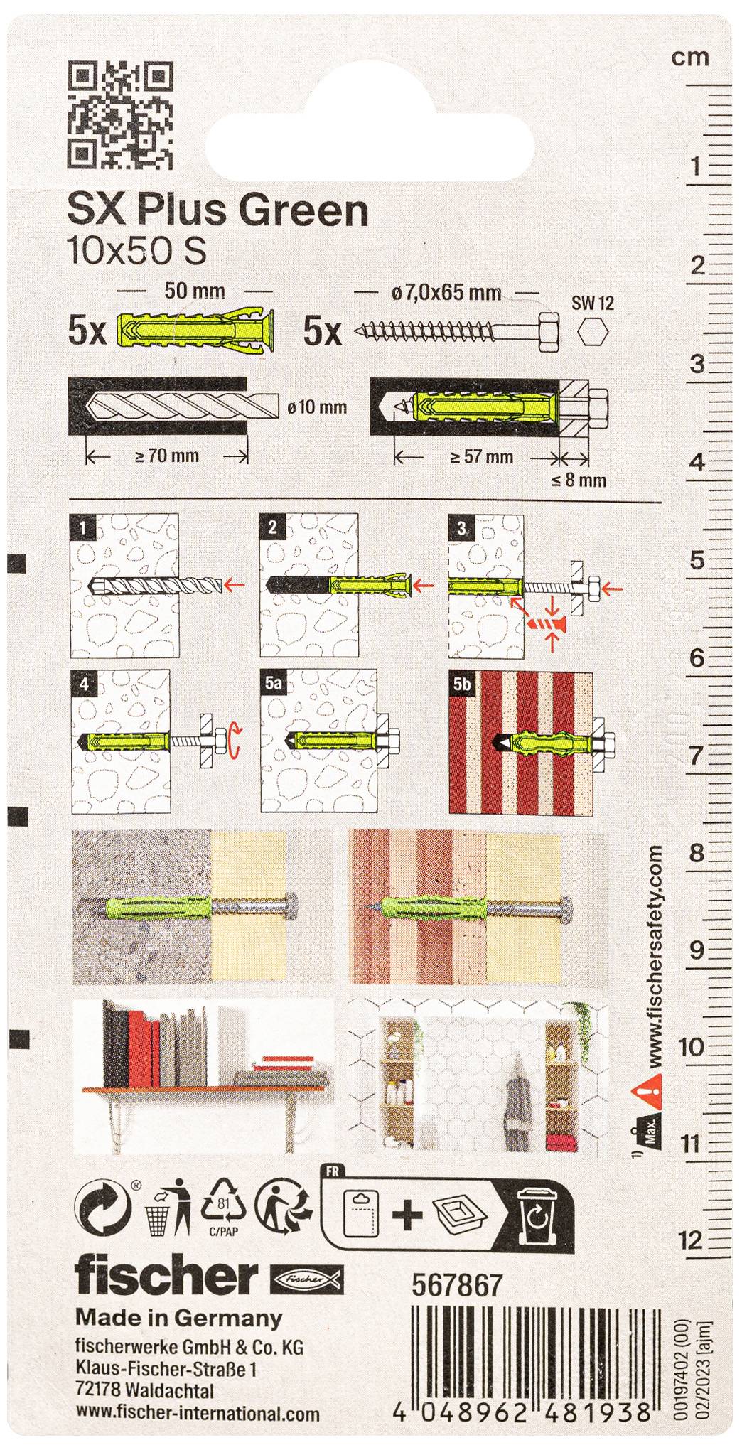 Verpackung eines SX Plus Green Dübels, Größe 10x50 mm, mit Montageanleitung und Herstellerinformationen. Enthält Maßangaben und Einbauschritte.