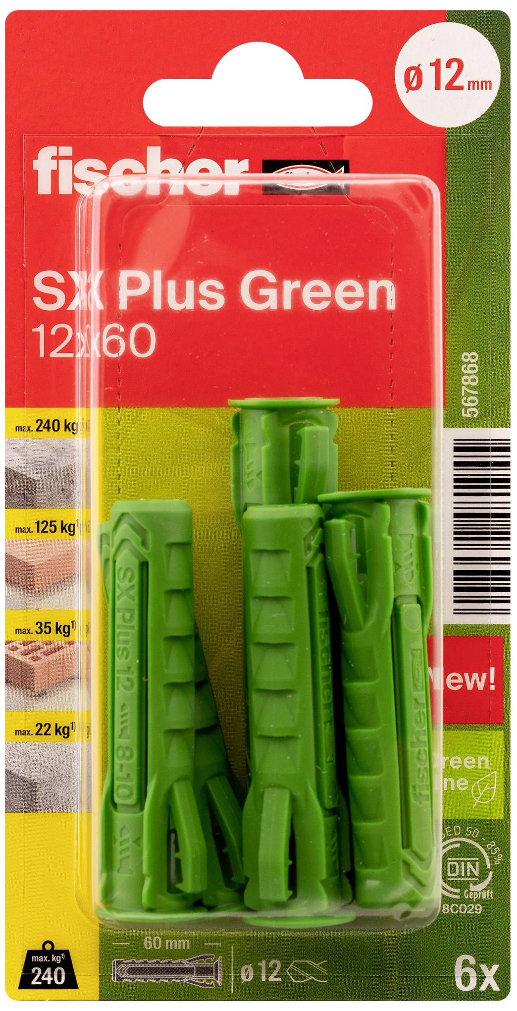 'Fischer SX Plus Green 12x60 Dübel', grüne Kunststoffdübel in Verpackung, geeignet für Lasten bis 240 kg. Sechs Stück enthalten.