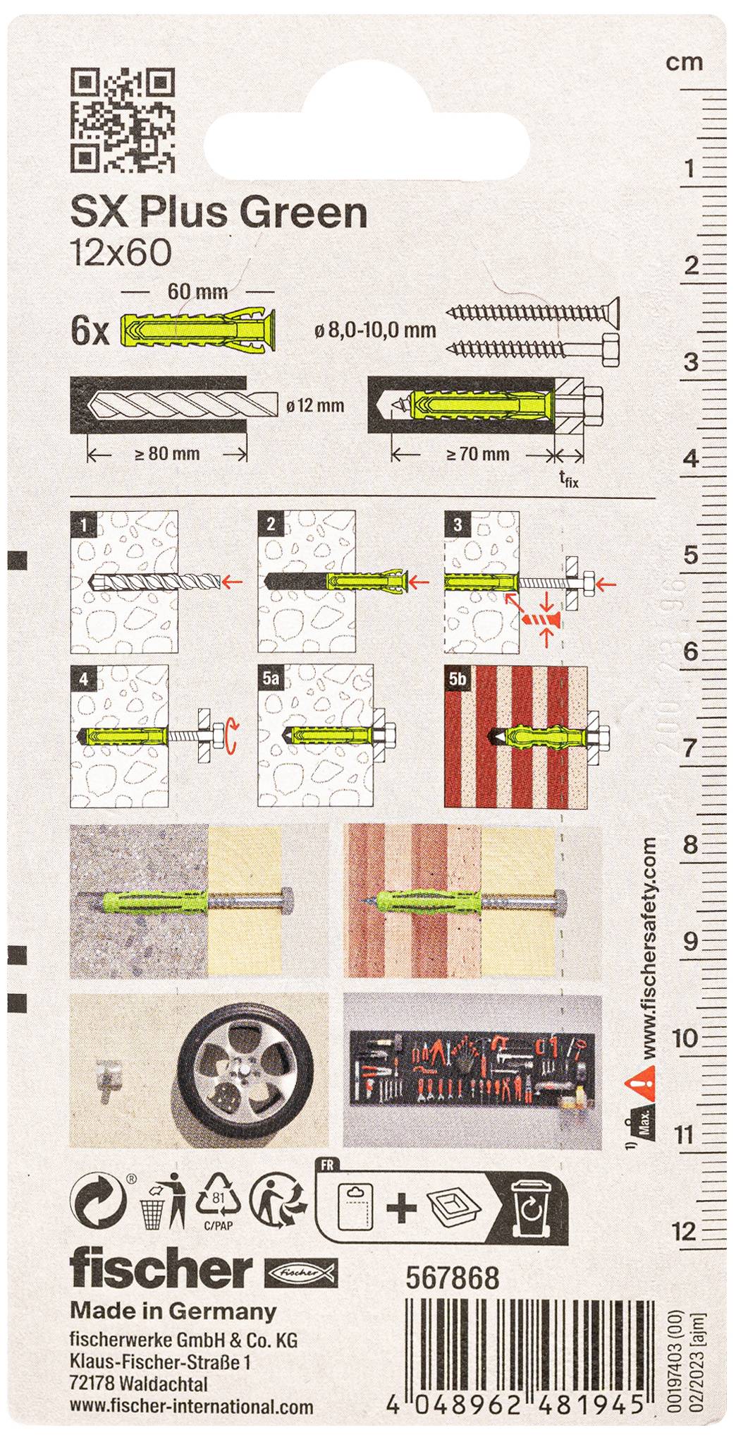 Eine Anleitung zur Verwendung des SX Plus Green Dübels von Fischer, einschließlich Bohrdurchmesser, Einbautiefe und Materialempfehlungen.
