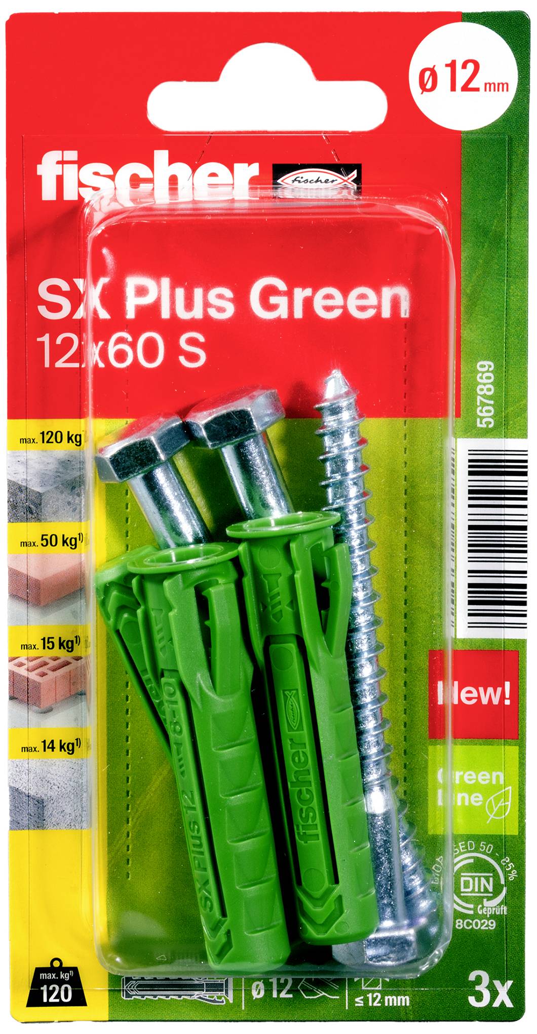 'Verpackung für Fischer SX Plus Green Dübel 12x60 S' mit 3 grünen Dübeln und Schrauben, belastbar bis 120 kg, umweltfreundlich.
