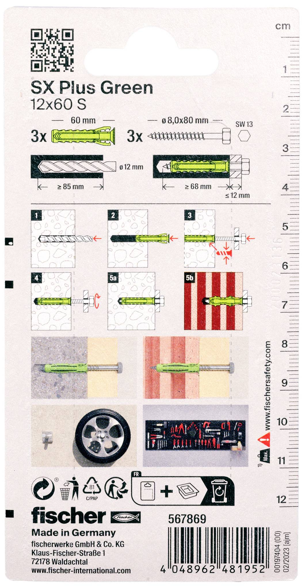 'Fischer SX Plus Green 12x60 S' Montageanleitung, Schritt-für-Schritt, für Befestigung in verschiedenen Materialien mit Icons und Maßen.