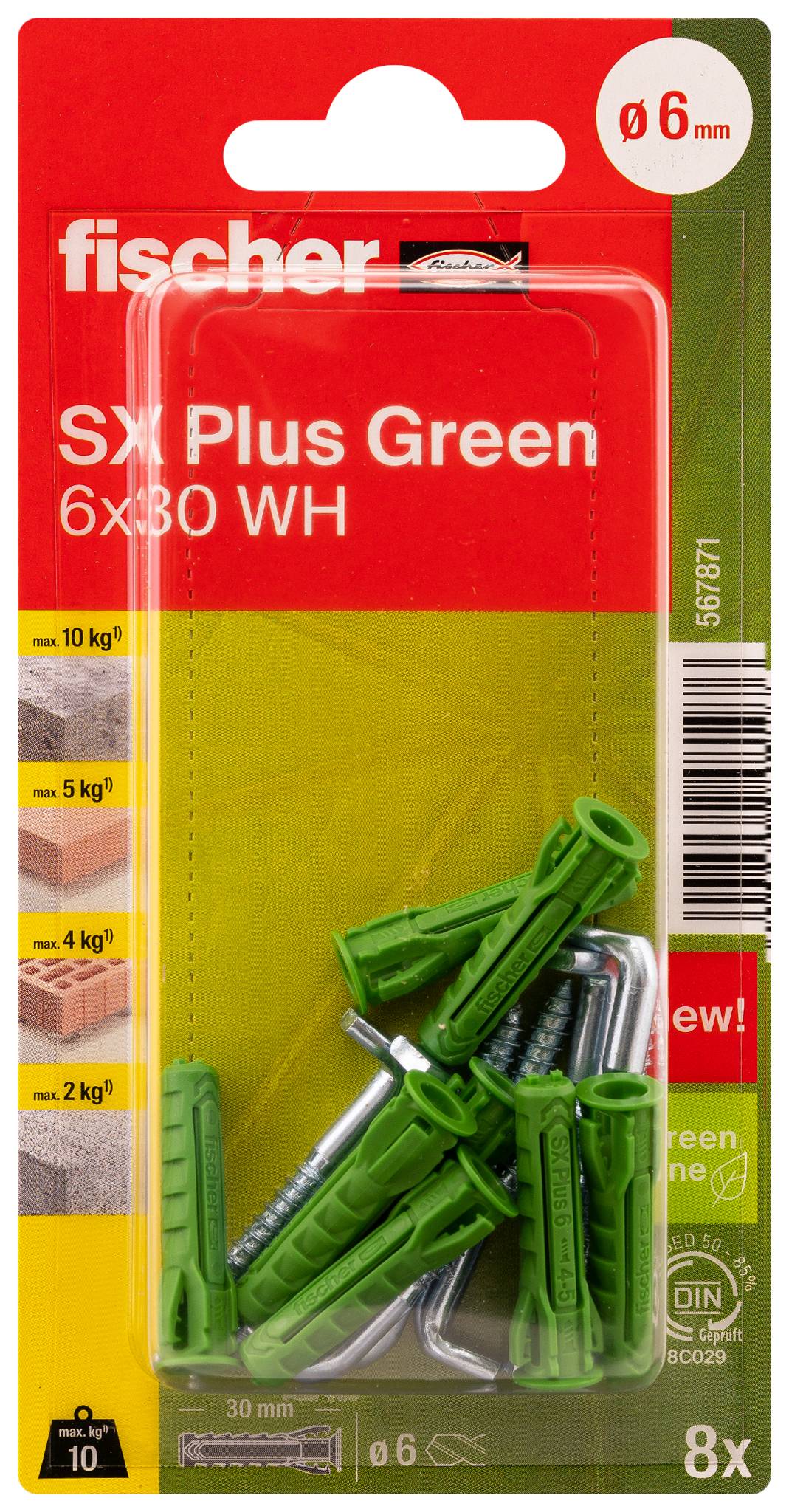Packung Fischer SX Plus Green 6x30 Dübel mit Schrauben, ø6 mm, 8er Set, rot und grüne Blisterverpackung.