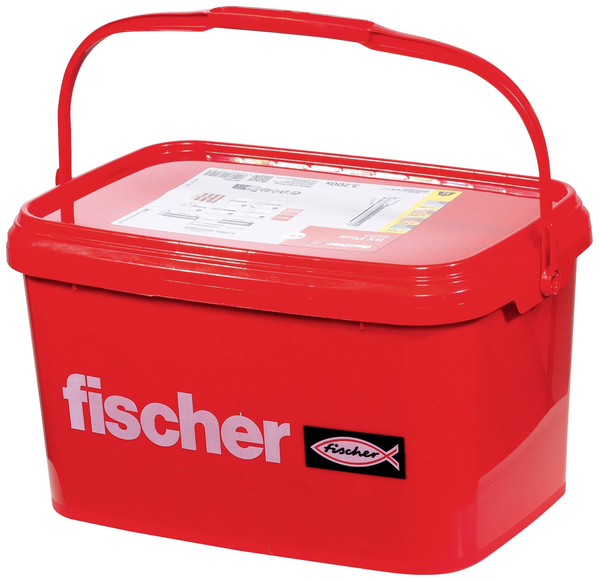 Ein roter Eimer von Fischer mit Griff, vermutlich zur Aufbewahrung von Befestigungsmaterialien. Das Fischer-Logo ist gut sichtbar.