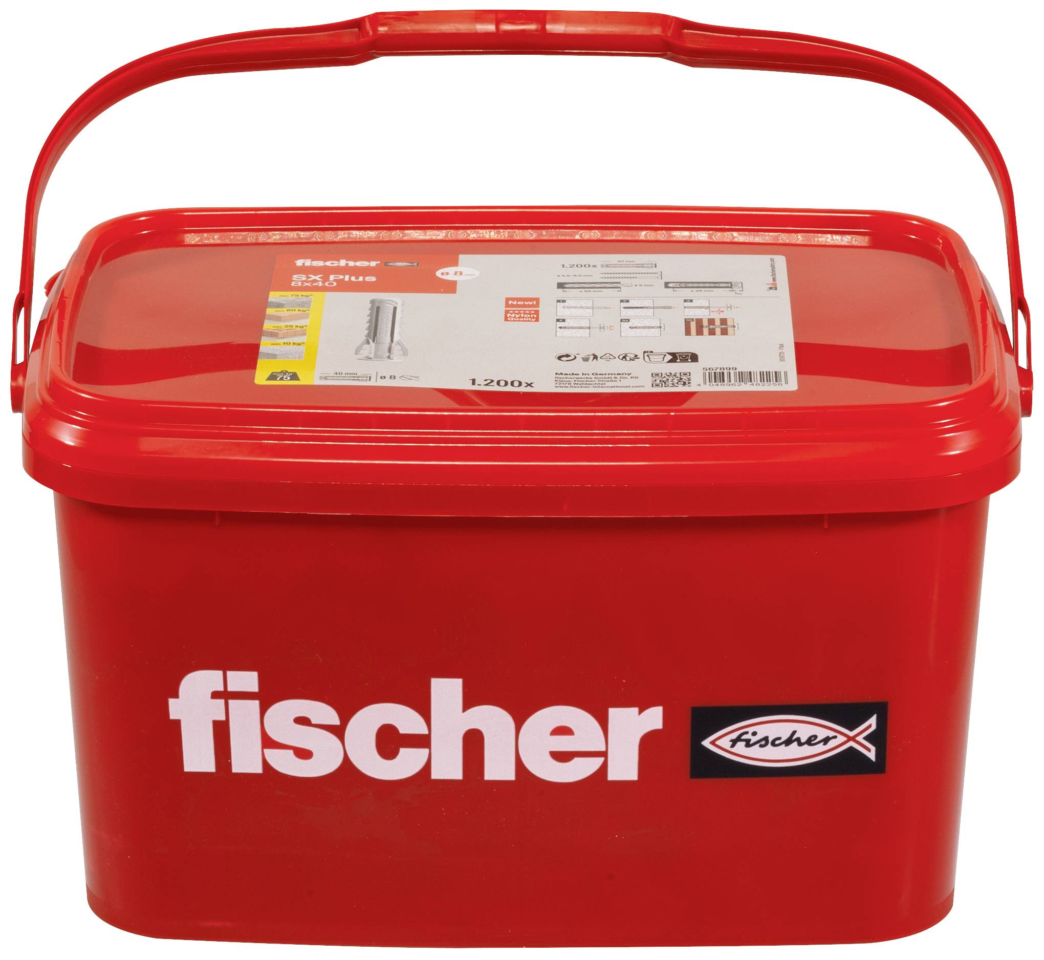 Ein roter Kunststoffbehälter mit 'fischer'-Logo, gefüllt mit Nylon-Dübeln. Tragegriff und Etikett mit Produktinformationen.