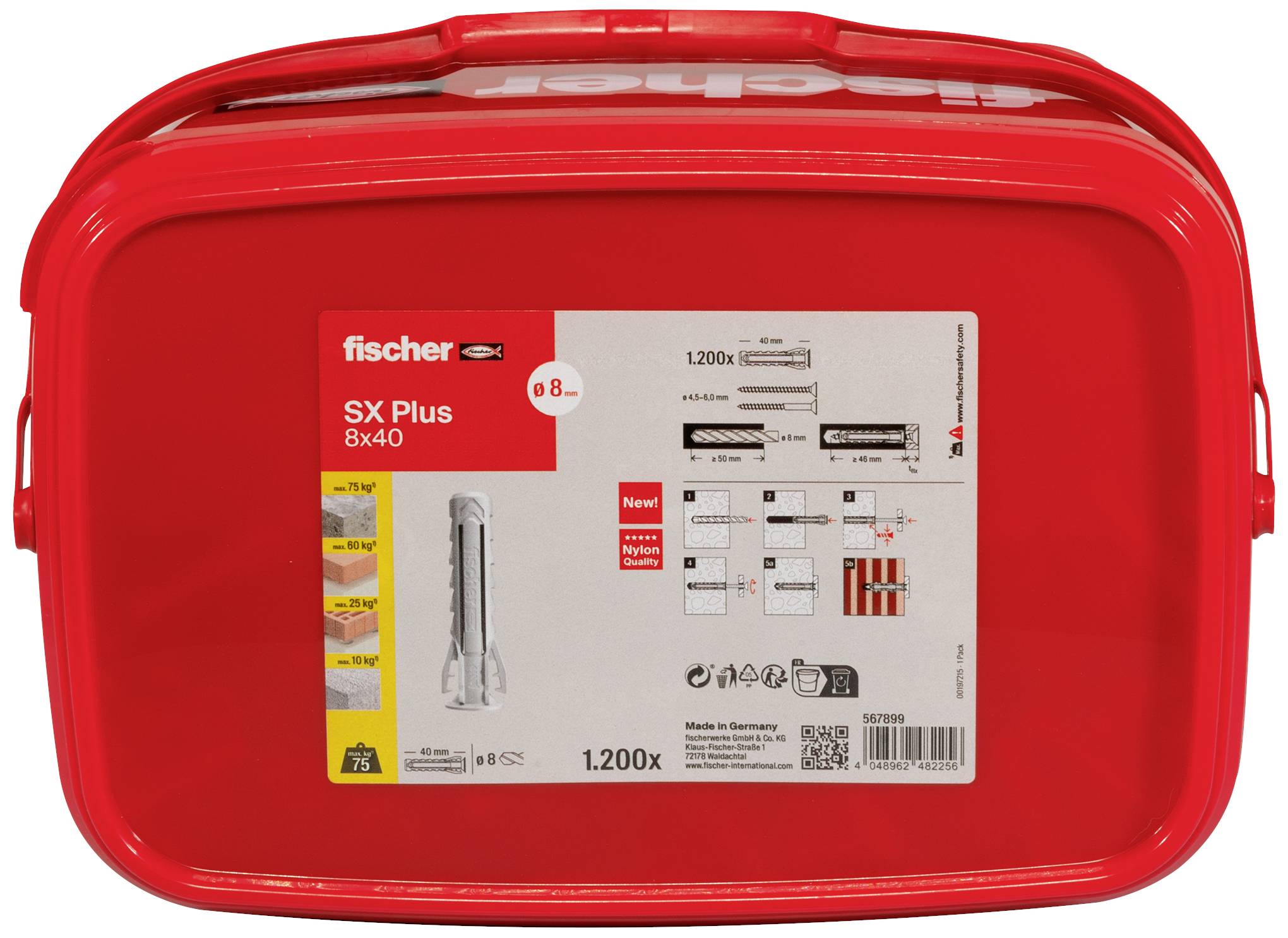 Rote Fischer SX Plus 8x40 Box, enthält 1200 Dübel. Vorderseite zeigt Dübelanwendung und Montageanleitung mit Zeichnungen.