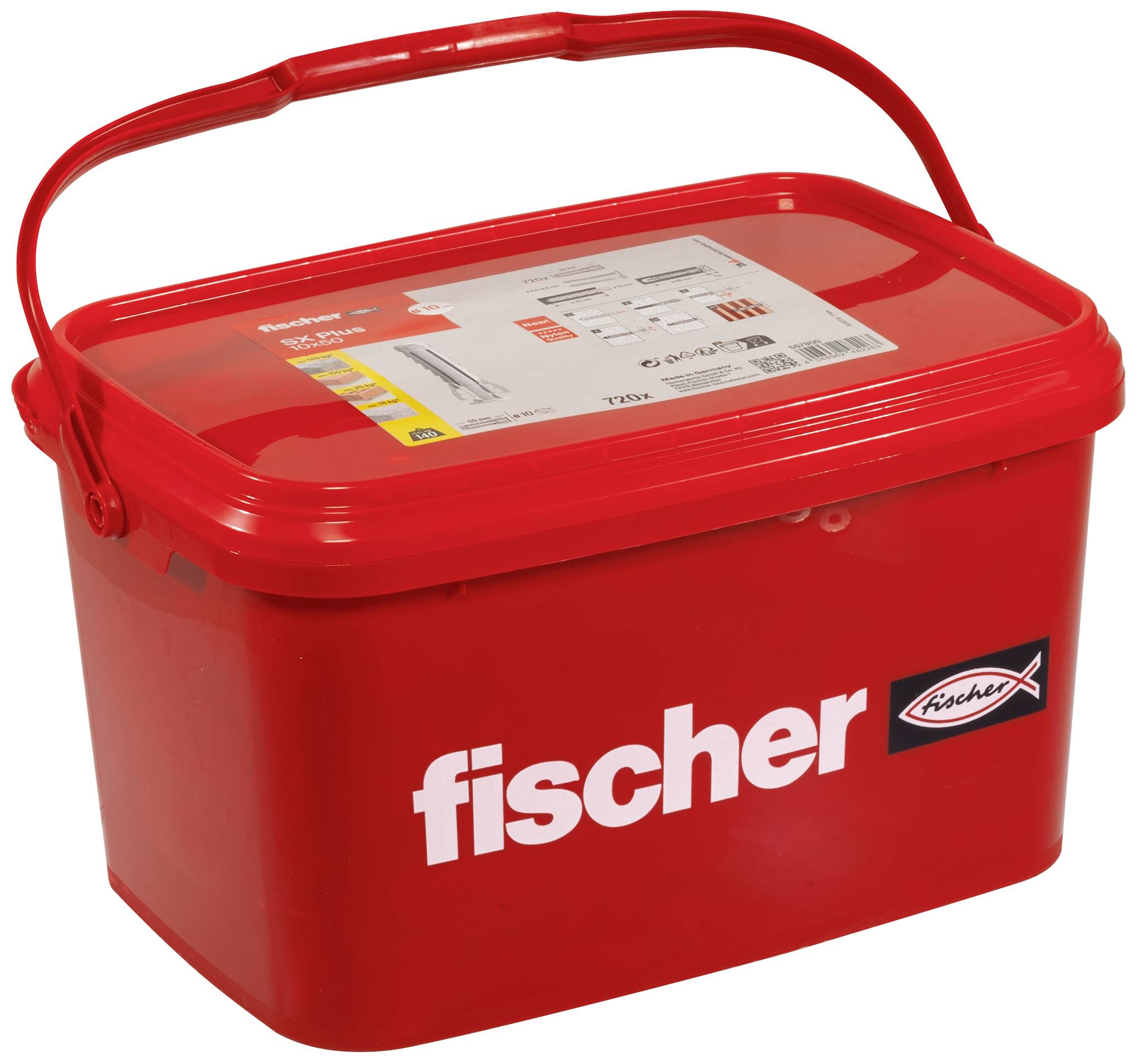Roter Eimer mit Henkel, darauf das Logo 'fischer', auf der Vorderseite ein Etikett mit Produktdetails.
