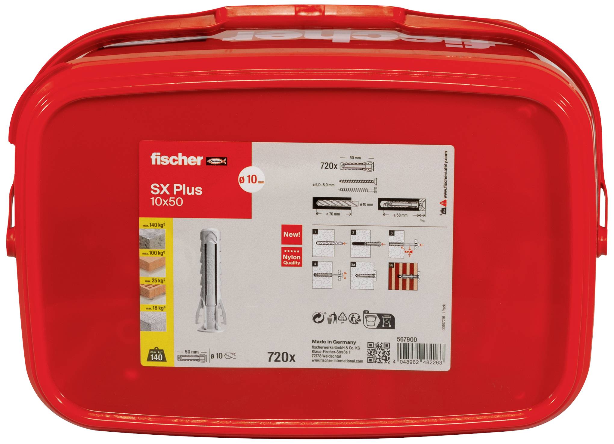 Rote Kunststoffbox von 'fischer' mit Aufdruck 'SX Plus 10x50'. Abbildungen zeigen Produktspezifikationen und Anwendungsbeispiele.