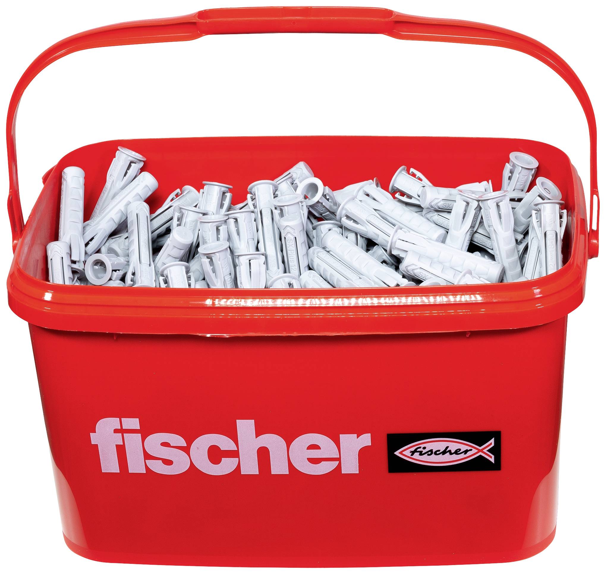 Roter Eimer mit grauen Dübeln, der 'fischer' Markenname auf der Seite.