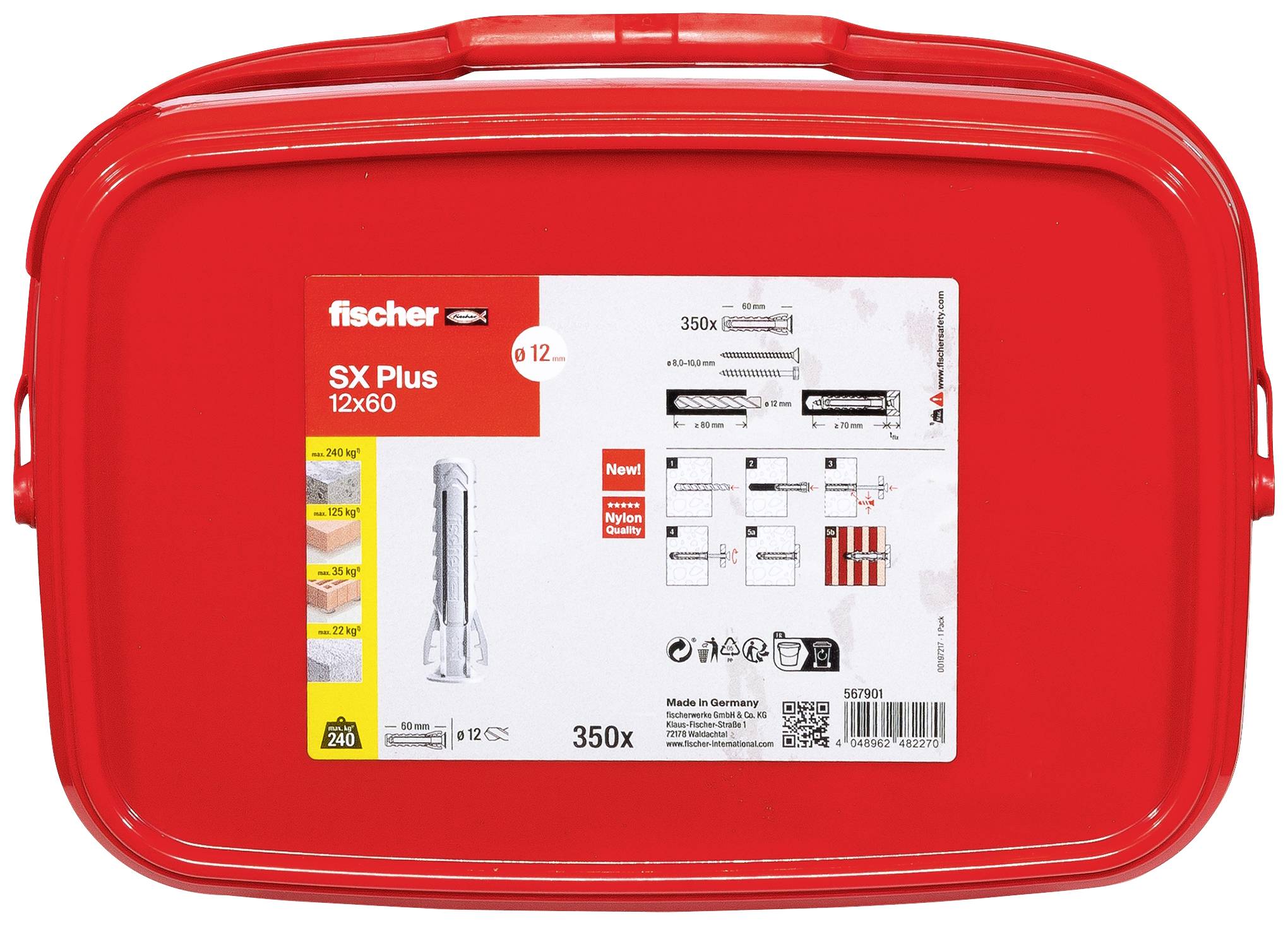 Rote Kunststoffbox mit der Aufschrift 'fischer SX Plus 12x60'. Enthält 350 Dübel und Montageanweisungen. Produktabbildungen und technische Details sind zu sehen.