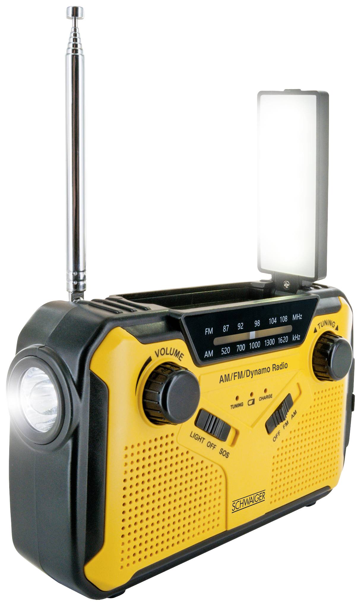 Schwaiger Outdoorradio UKW, AM, FM Handkurbel, Solarpanel, spritzwassergeschützt, stoßfest, Taschenlampe Gelb, Schwarz