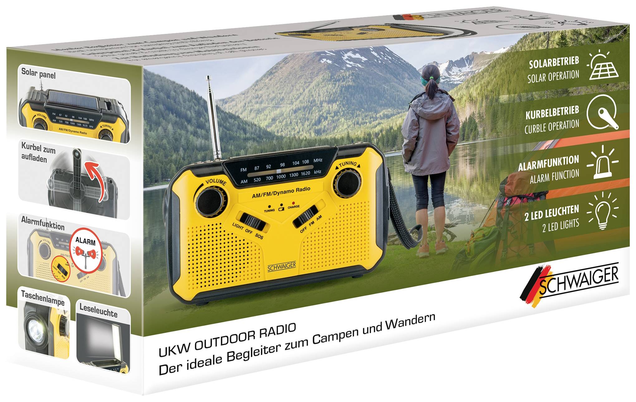 Schwaiger Outdoorradio UKW, AM, FM Handkurbel, Solarpanel, spritzwassergeschützt, stoßfest, Taschen