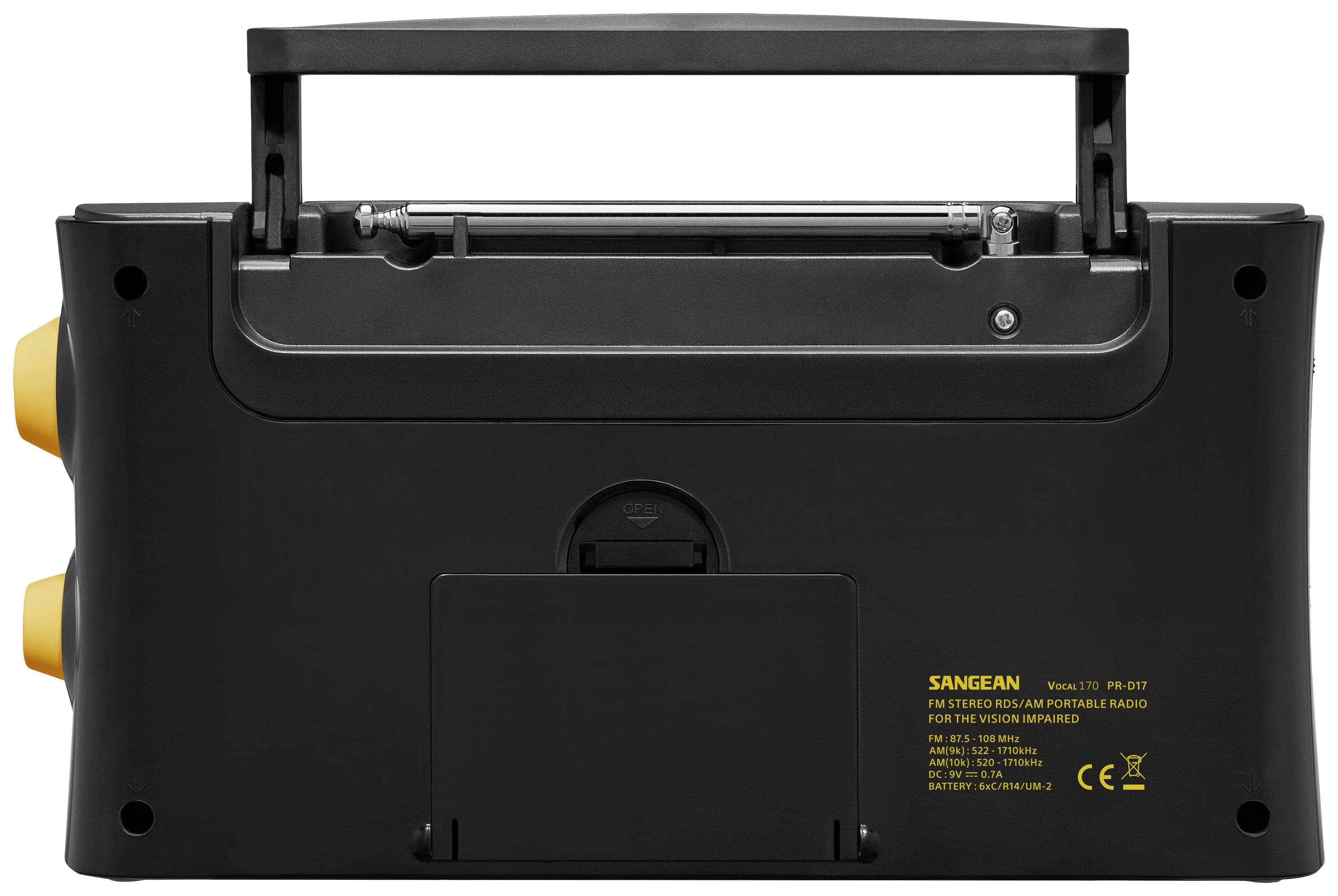 Das Bild zeigt die Rückseite eines tragbaren Radios mit einer ausziehbaren Antenne und gelben Bedienelementen auf der linken Seite.
