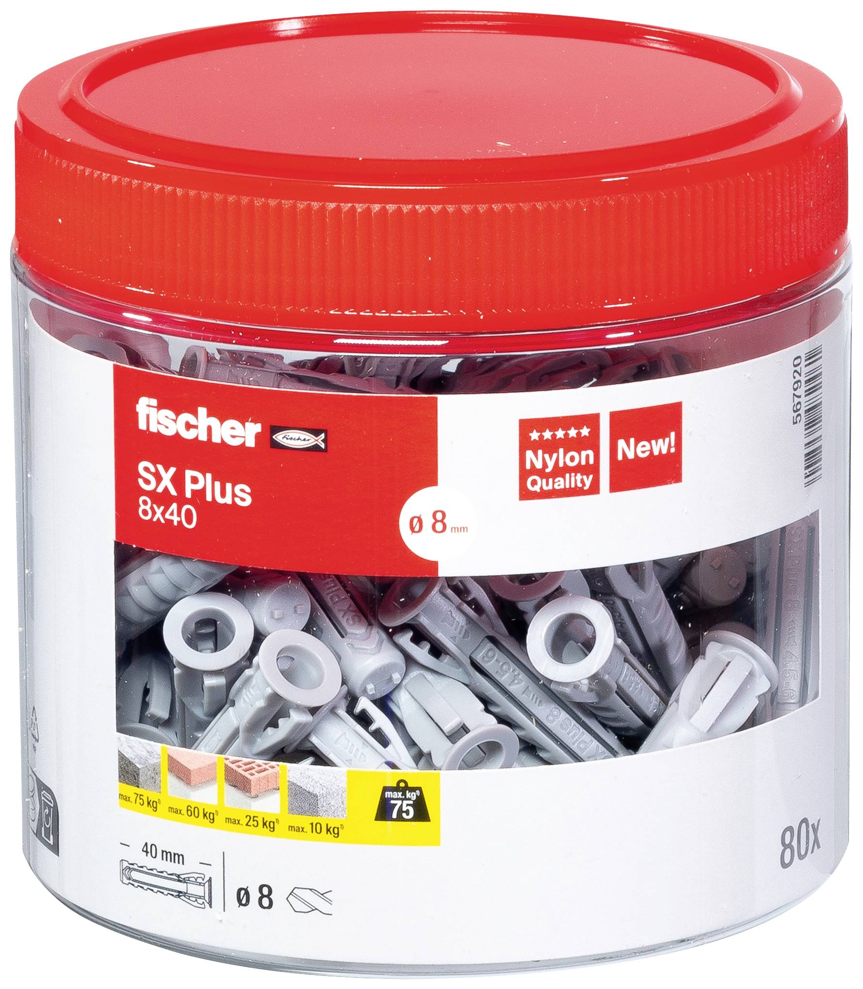 Eine rote Dose Fischer SX Plus 8x40 Dübel mit einer Kapazität von 80 Stück, geeignet für Belastungen bis 75 kg.