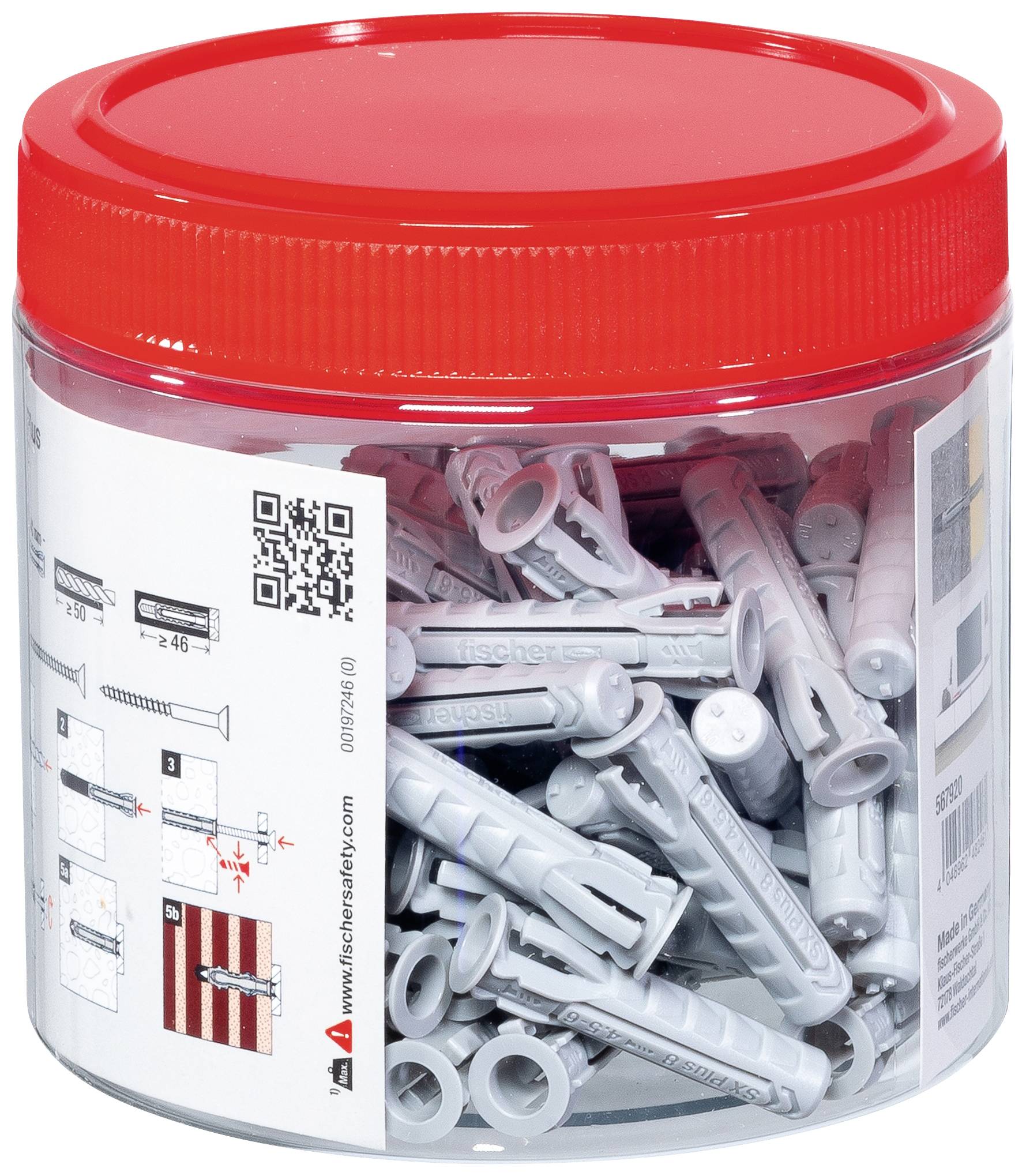 Eine rote Dose gefüllt mit grauen Kunststoffdübeln. An der Seite befindet sich eine Anleitung mit Bildern zum richtigen Eindrehen der Dübel.