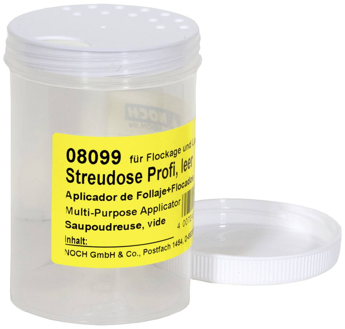 Leere Streudose mit gelbem Etikett '08099 Streudose Profi, leer'. Geöffneter, transparenter Behälter für vielfältige Anwendungen.
