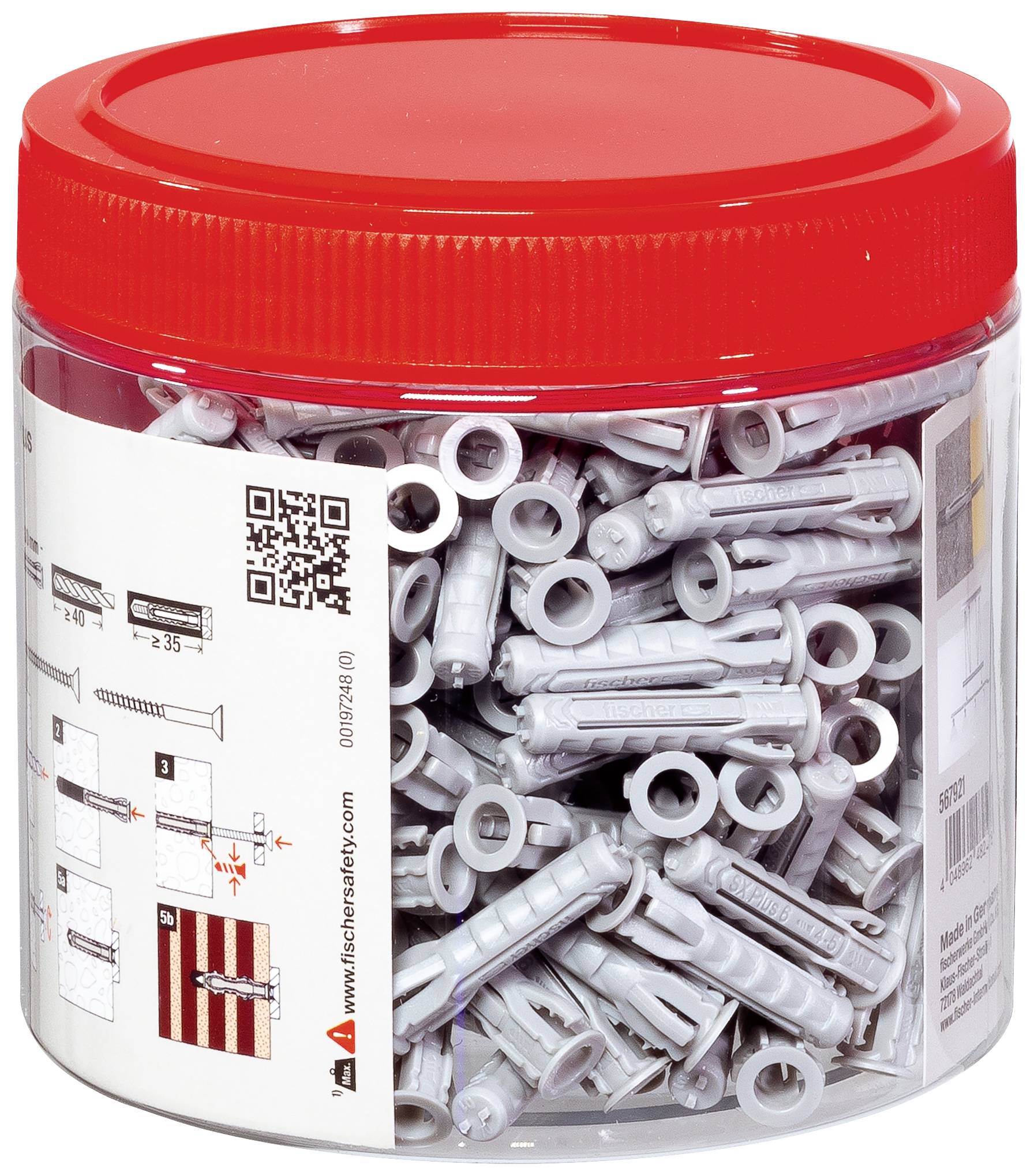 Kunststoffdübel in einem durchsichtigen, zylindrischen Behälter mit rotem Deckel. Das Etikett zeigt Montageschritte und einen QR-Code.