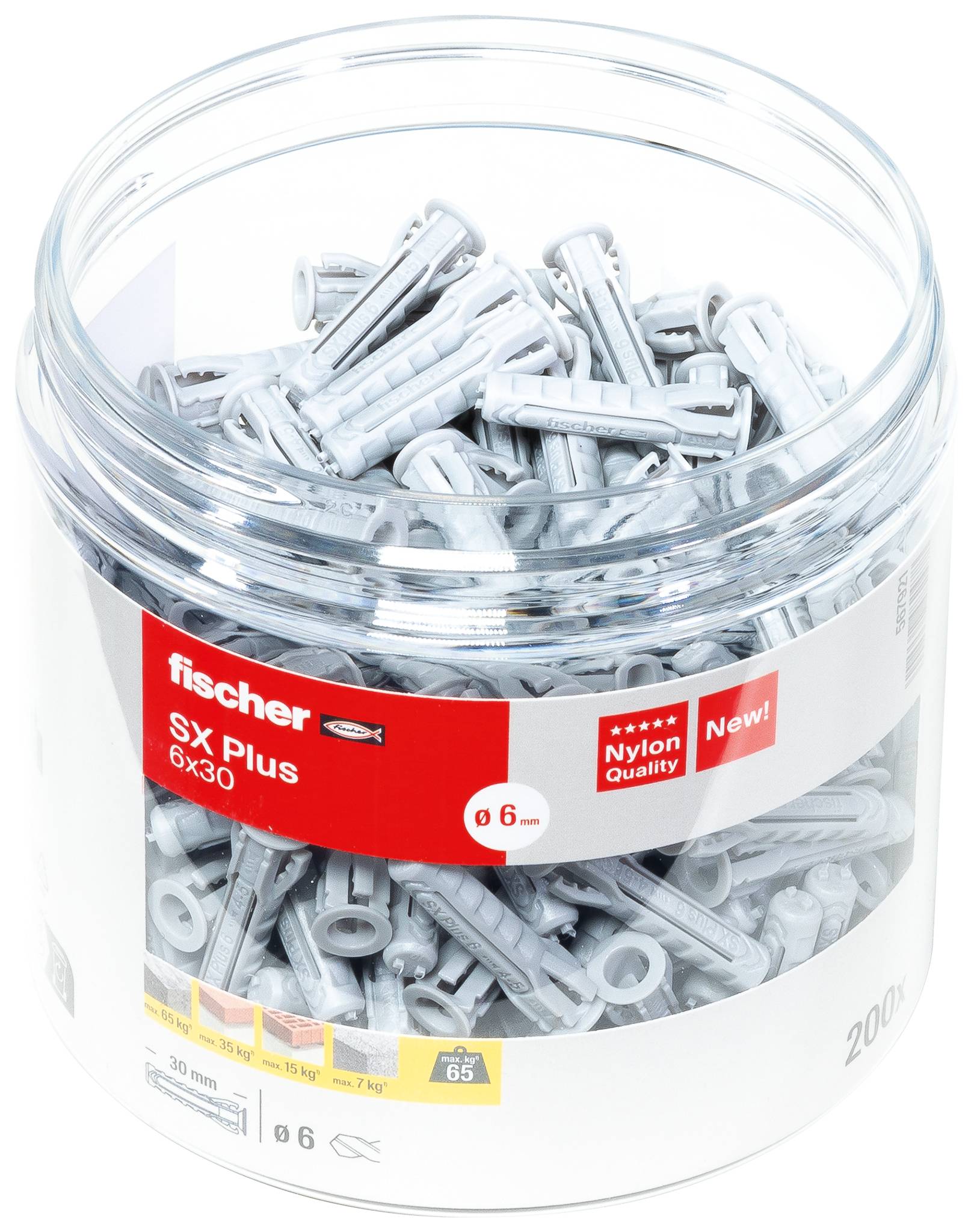 Ein Becher mit grauen Nylon-Dübeln der Marke 'fischer', Modell 'SX Plus 6x30'. Etikett zeigt Text zu Größenspezifikationen und Qualität.