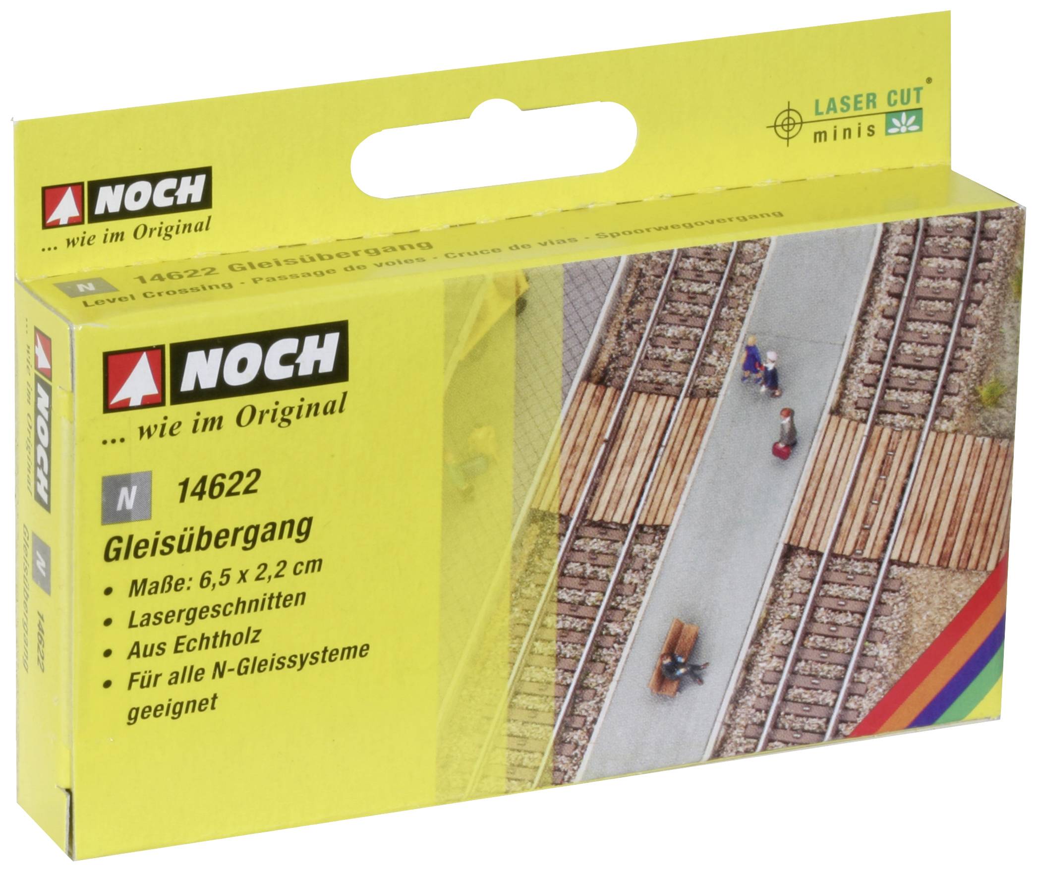Verpackung eines 'Noch' Modells mit der Aufschrift 'Gleisübergang'. Zeigt Miniaturen über einen Bahnübergang, geeignet für Spur N.