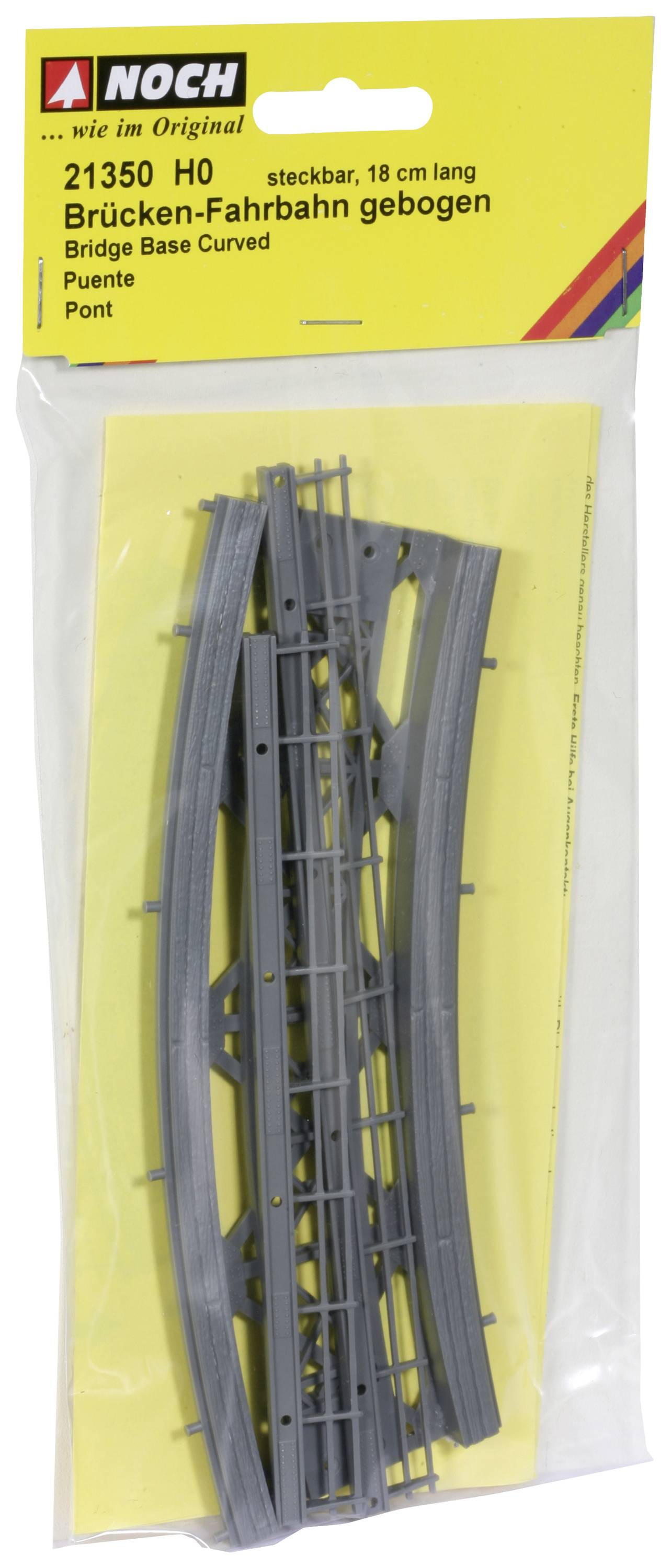 Verpackung mit gebogener Brücken-Fahrbahn für Modelleisenbahn, Länge 18 cm, von NOCH, Artikelnummer 21350.