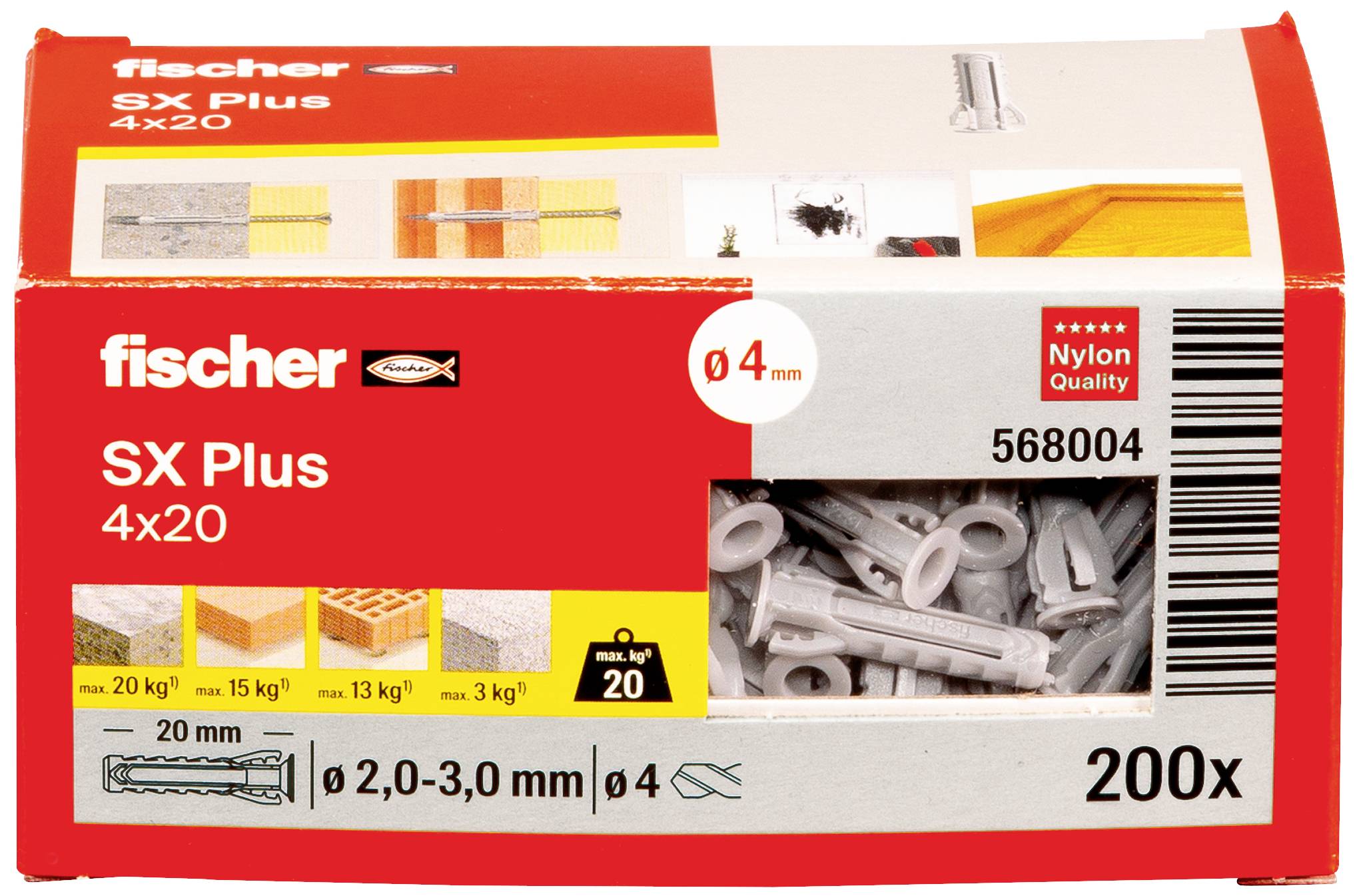 Verpackung von fischer SX Plus Dübel, Größe 4x20. Die Box zeigt Kapazität bis 20 kg auf verschiedenen Materialien. Enthält 200 Stück.