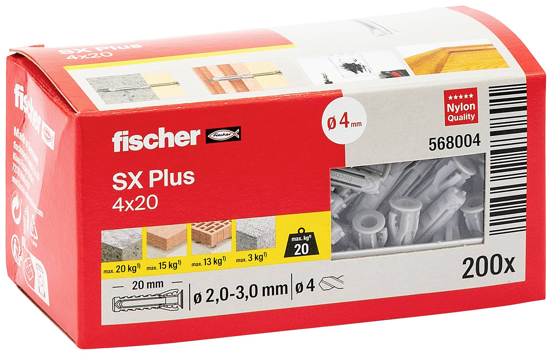 Rote Verpackung der Marke Fischer mit 200 Dübeln, Größe 4x20 mm, geeignet für verschiedene Materialien wie Beton, Ziegel und Holz.
