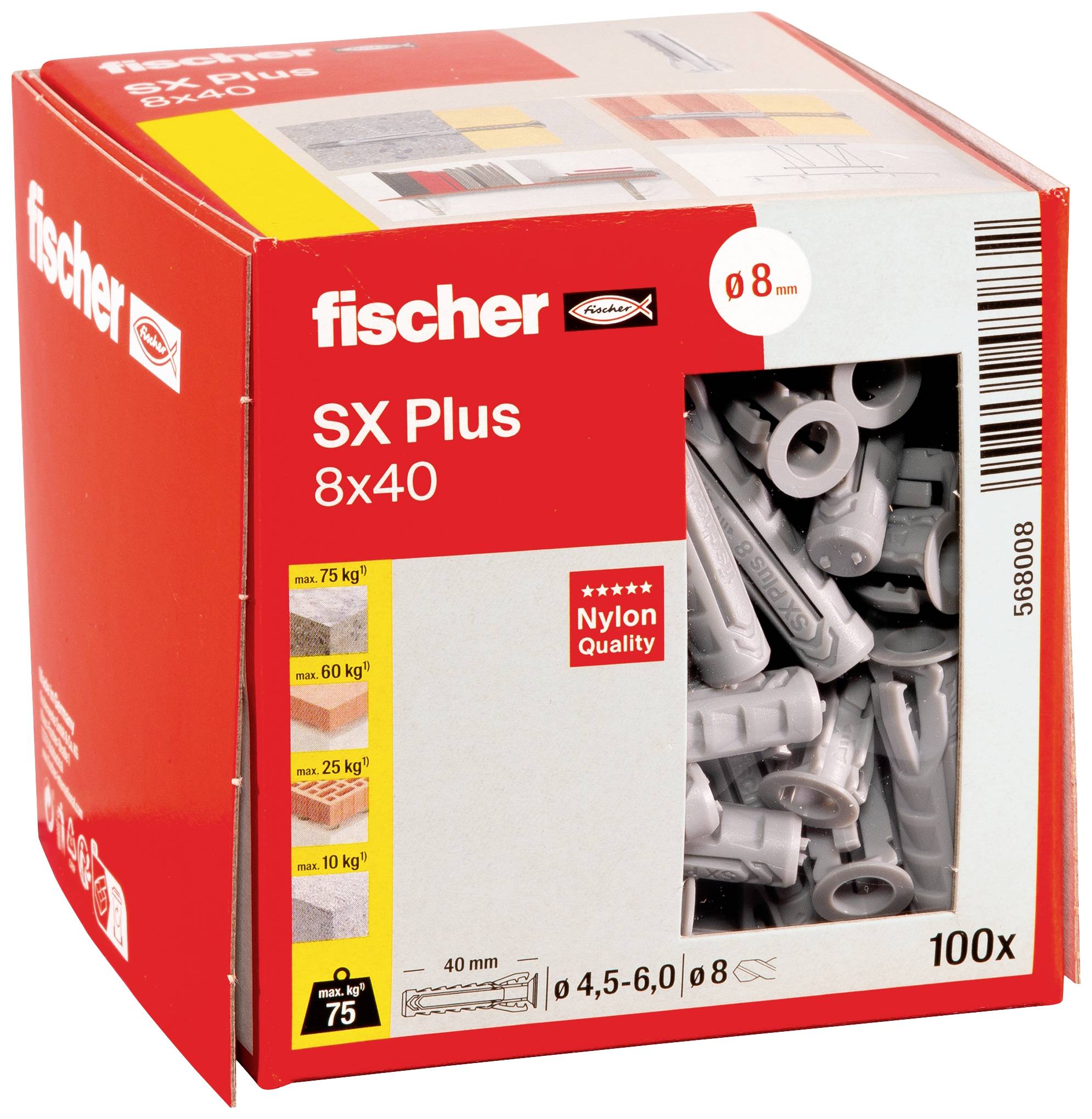 Rote Box mit grauen Dübeln der Marke 'fischer'. Aufschrift: 'SX Plus 8x40'. Geeignet für 75 kg. Enthält 100 Stück.