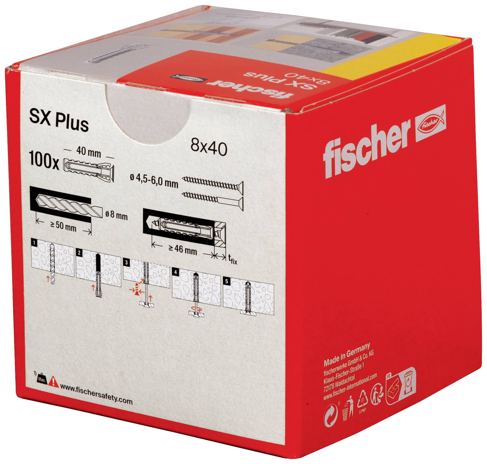 Rote Verpackung eines Fischer SX Plus 8x40 Dübels mit 100 Stück. Enthält Anleitung und technische Details zur Nutzung. Made in Germany.