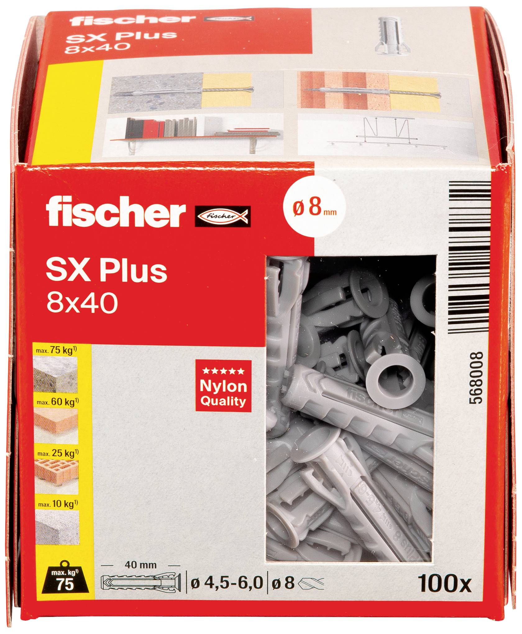 'Fischer SX Plus 8x40' Dübelverpackung. Enthält 100 graue Kunststoffdübel, geeignet für Belastungen von 75 kg bei 8 mm Durchmesser.