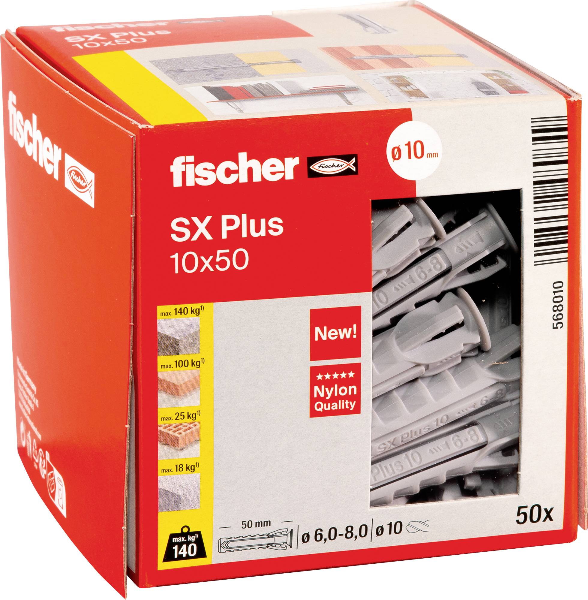 Dübel aus Kunststoff mit Schriftzug 'fischer' an der Seite, zeigt ein zylindrisches Design mit seitlichen Verankerungsflügeln.