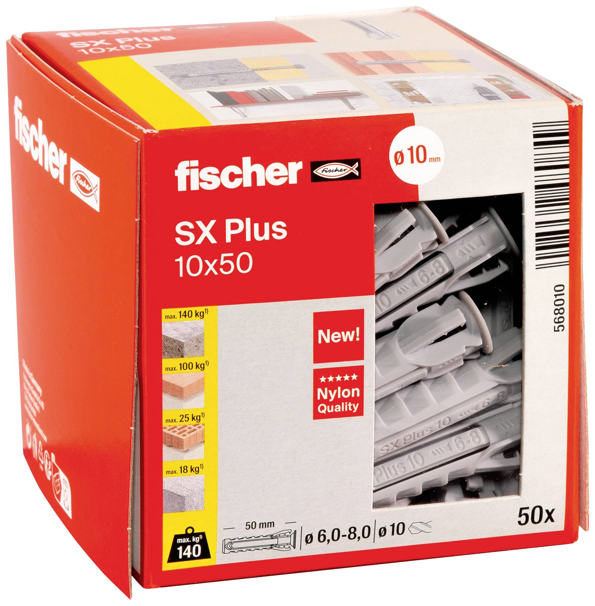 Eine Verpackung mit Fischer SX Plus 10x50 Dübeln für Wände, rot-gelb-blaues Design, enthält 50 Stück, Nylonqualität, Belastbarkeit bis 140 kg.