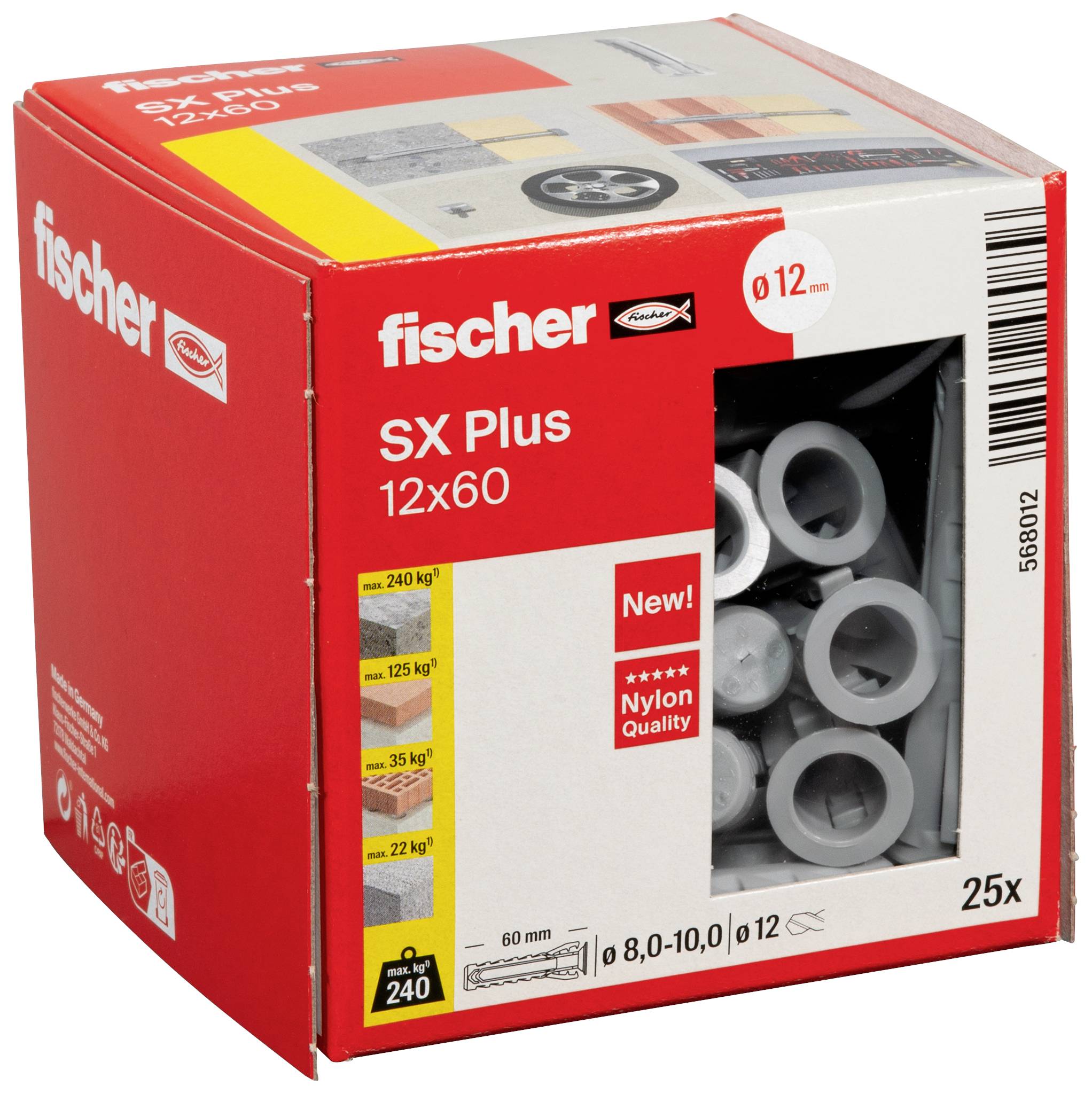 Ein grauer Dübel mit der Aufschrift 'fischer', geeignet für die Befestigung in massiven Wänden, zeigt Rippen und eine spreizbare Struktur.