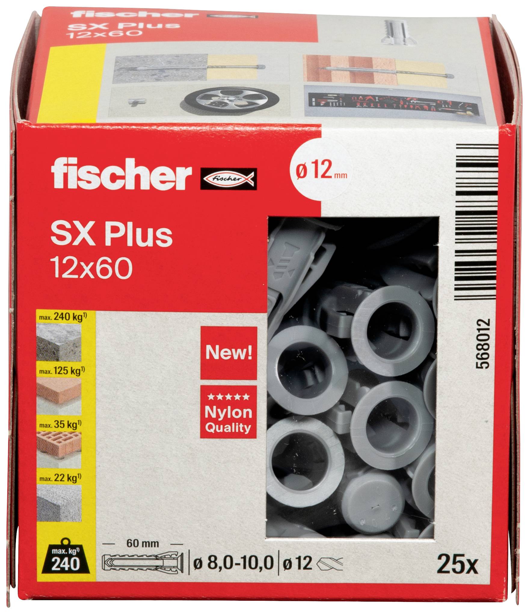 Verpackung von Fischer SX Plus Dübeln (12x60 mm). Enthält 25 Stück. Geeignet für Lasten bis 240 kg bei Verwendung in Beton.
