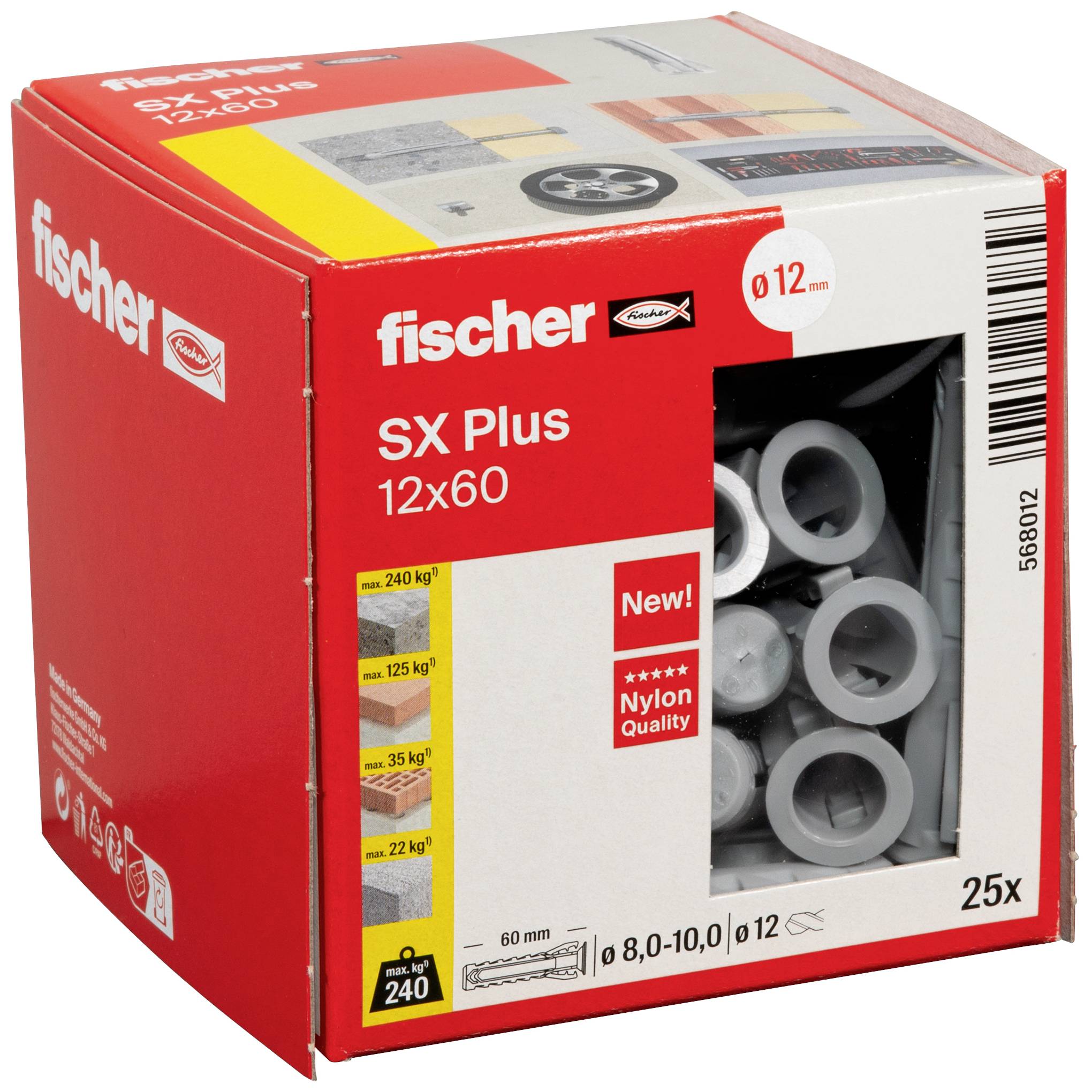 Rote Verpackung mit grauen Dübeln der Marke 'fischer', Modell 'SX Plus 12x60'. Text: 'New! Nylon Quality', '25x', Abb. der Dübel.