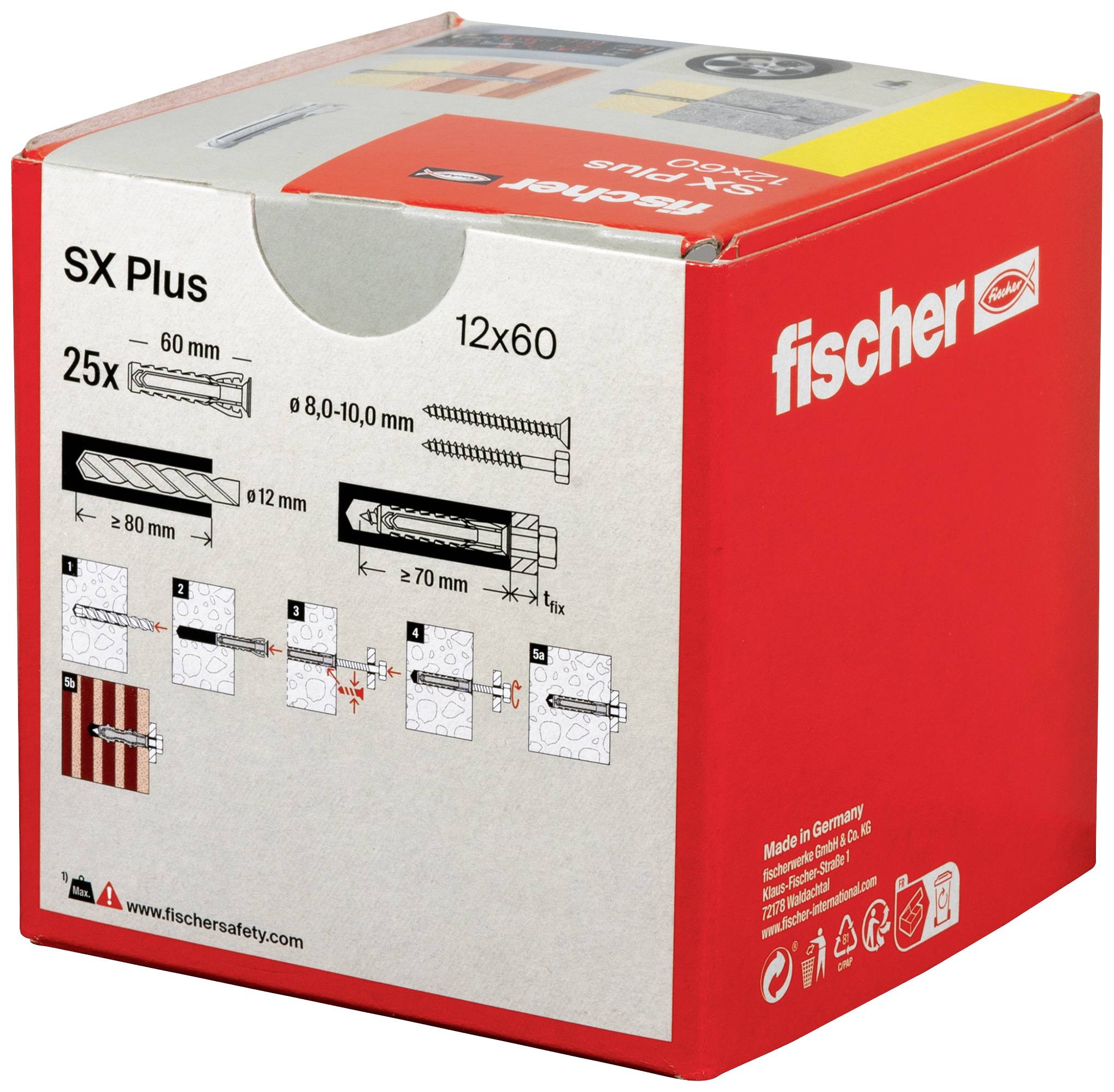 Rote Verpackung der Marke Fischer mit 25 Dübeln und Schrauben. Zeigt Anwendungsschritte für den Gebrauch der 12x60 mm SX Plus Dübel.