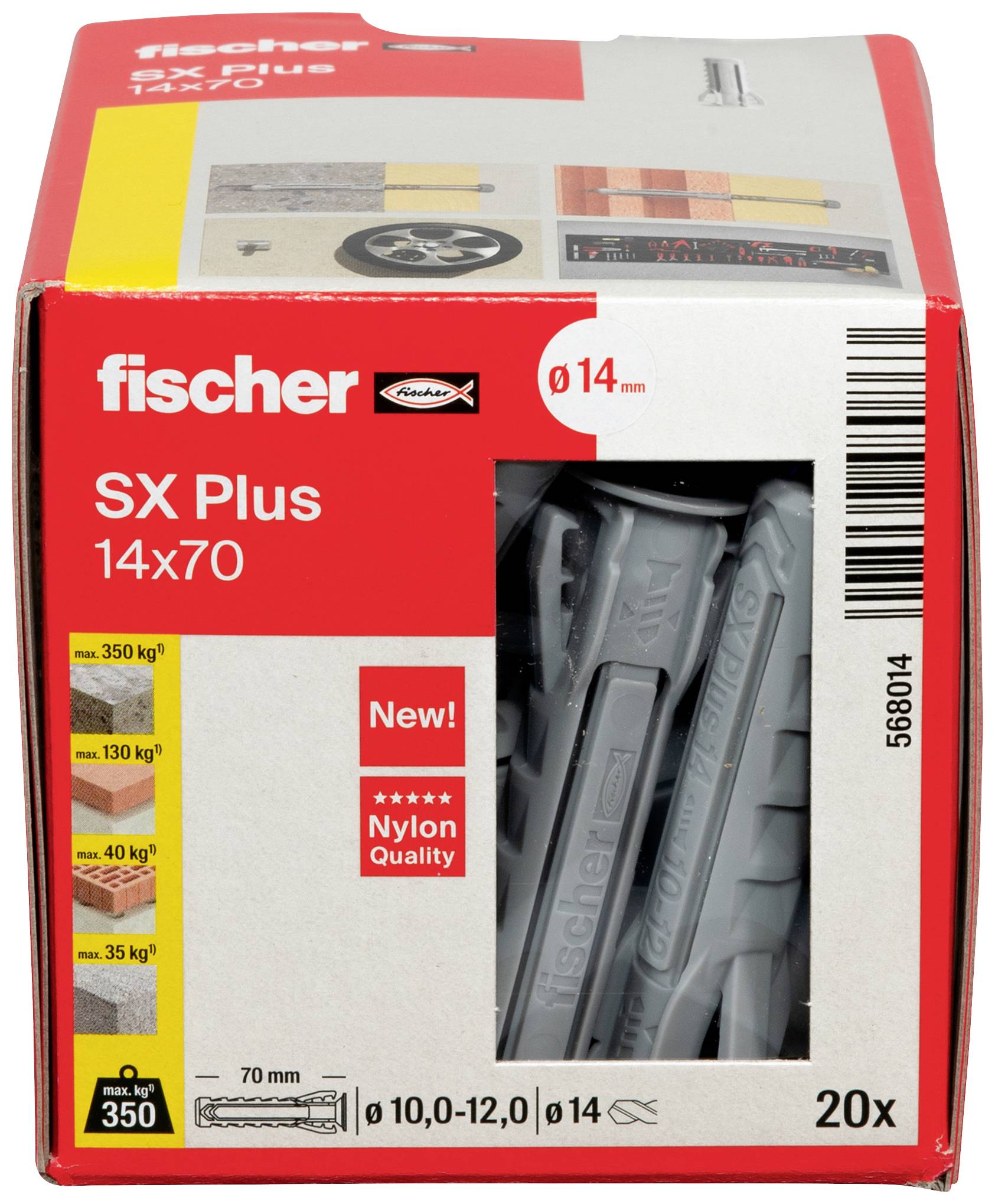 Box mit fischer SX Plus Dübeln, Größe 14x70 mm, geeignet für Lasten bis 350 kg in Beton. Enthält 20 Dübel aus Nylonmaterial.