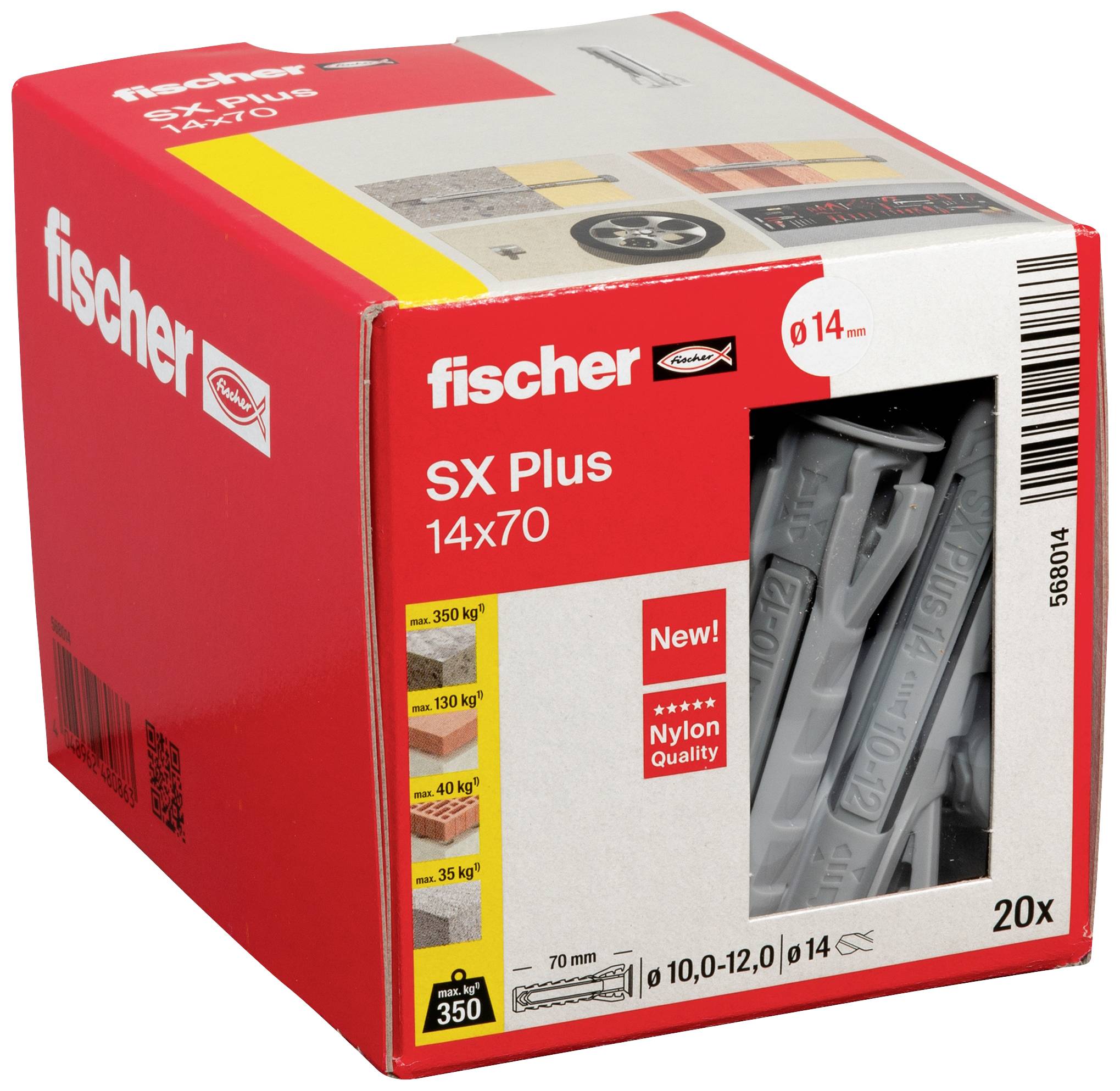 Rote Verpackung mit 20 grauen Fischer-Dübeln 'SX Plus 14x70', geeignet für verschiedene Materialien, wiegt bis zu 350 kg.