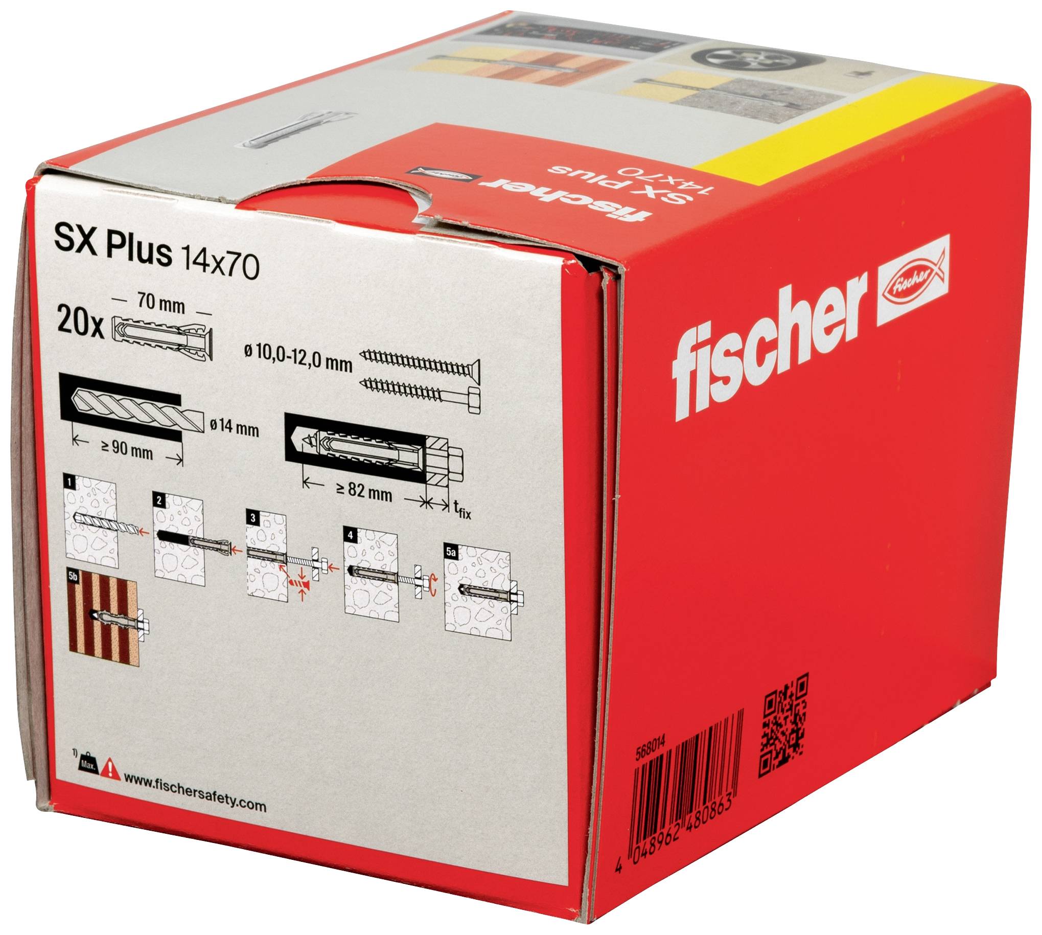 Eine Verpackung mit der Aufschrift 'fischer SX Plus 14x70', zeigt verschiedene Anwendungsmöglichkeiten von Dübeln, 20 Stück enthalten.