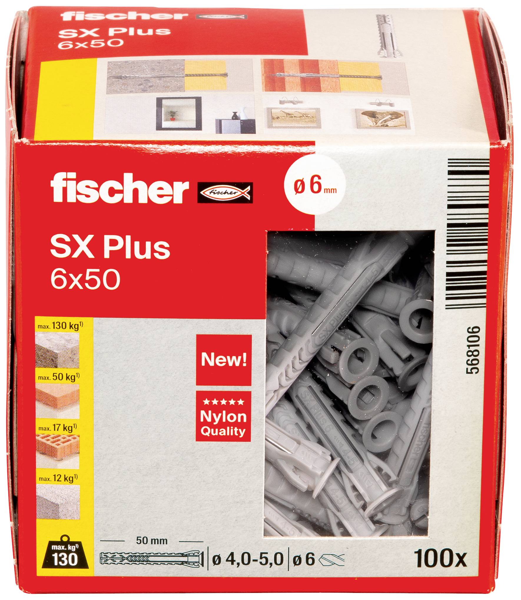 Verpackung von Fischer SX Plus 6x50 Dübeln, Nylonqualität, Belastungsangaben je nach Material bis 130 kg. Enthält 100 Stück.
