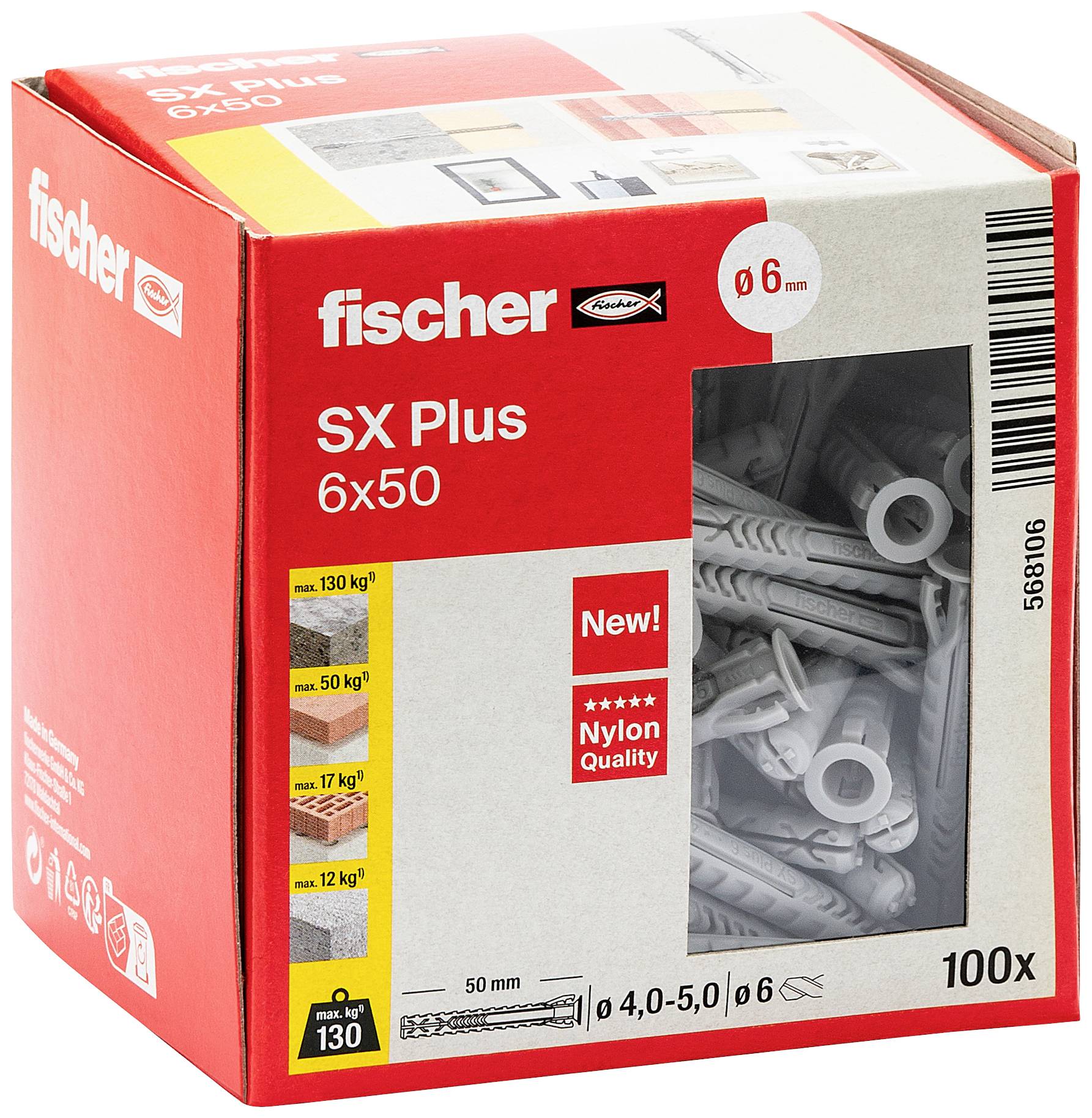 Eine rote Schachtel mit grauen Dübeln der Marke 'Fischer'. Aufschrift: 'SX Plus 6x50', geeignet für 50-130 kg. Enthält 100 Stück.
